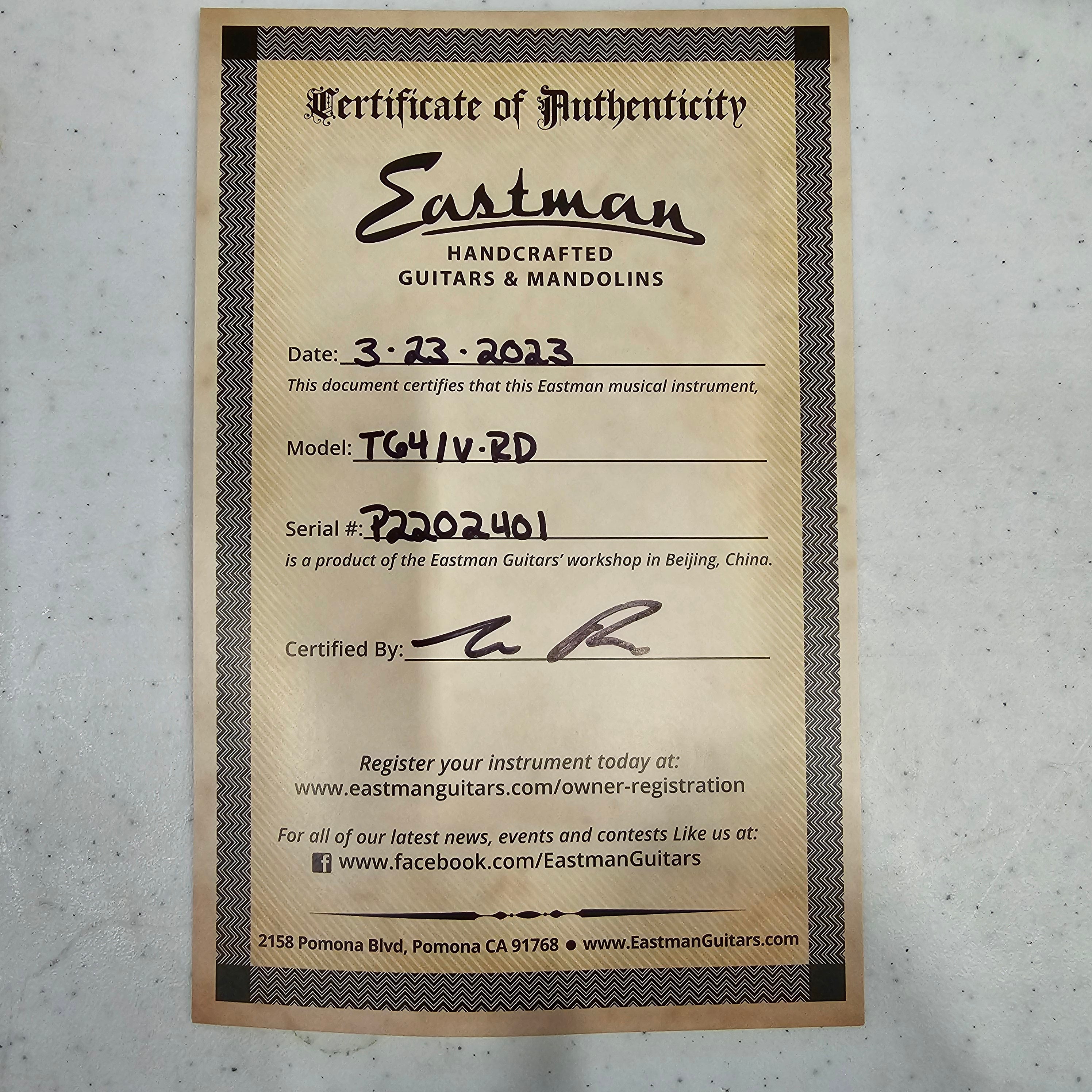 Eastman T64/V-RD semi-hollow body electric guitar Antique Red finish certificate of authenticity