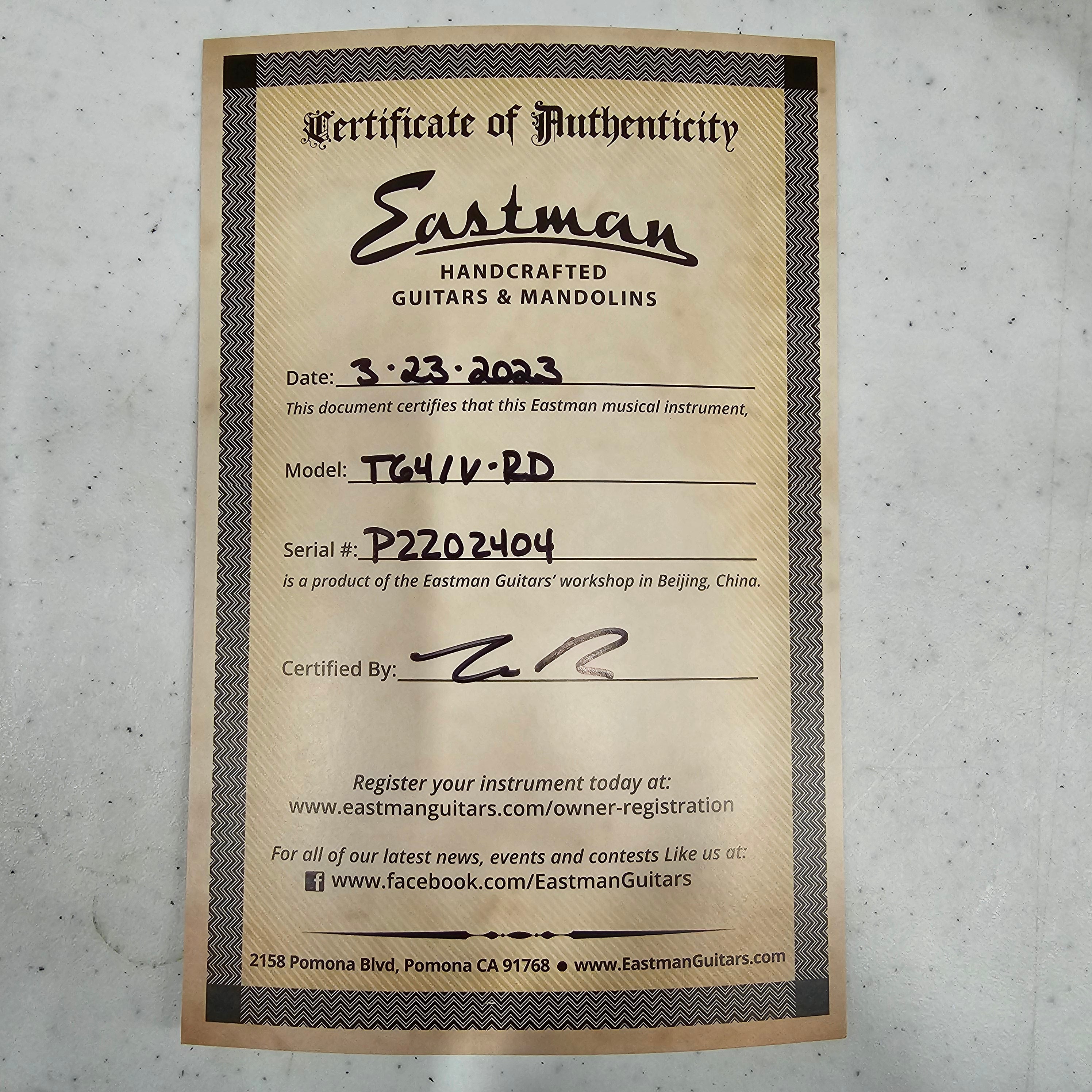 Eastman T64/V-RD semi-hollow electric guitar antique red with certificate of authenticity
