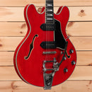 Eastman T64VRD semi-hollow electric guitar Antique Red with dual black pickguards and Bigsby tremolo bridge