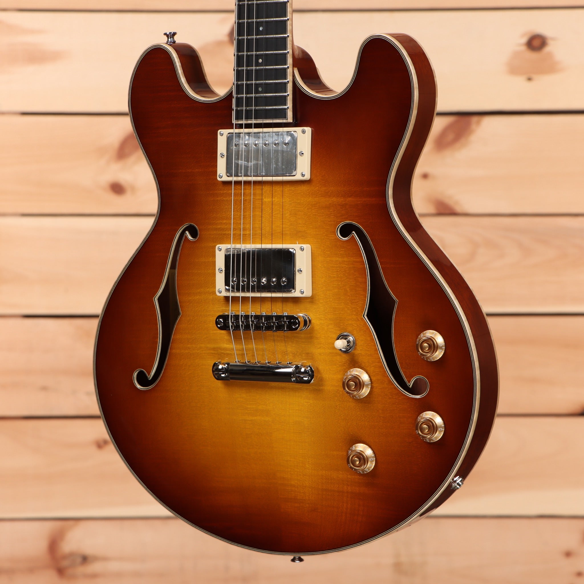 Eastman T185MX semi-hollow electric guitar Goldburst with dual humbucker pickups and f-holes