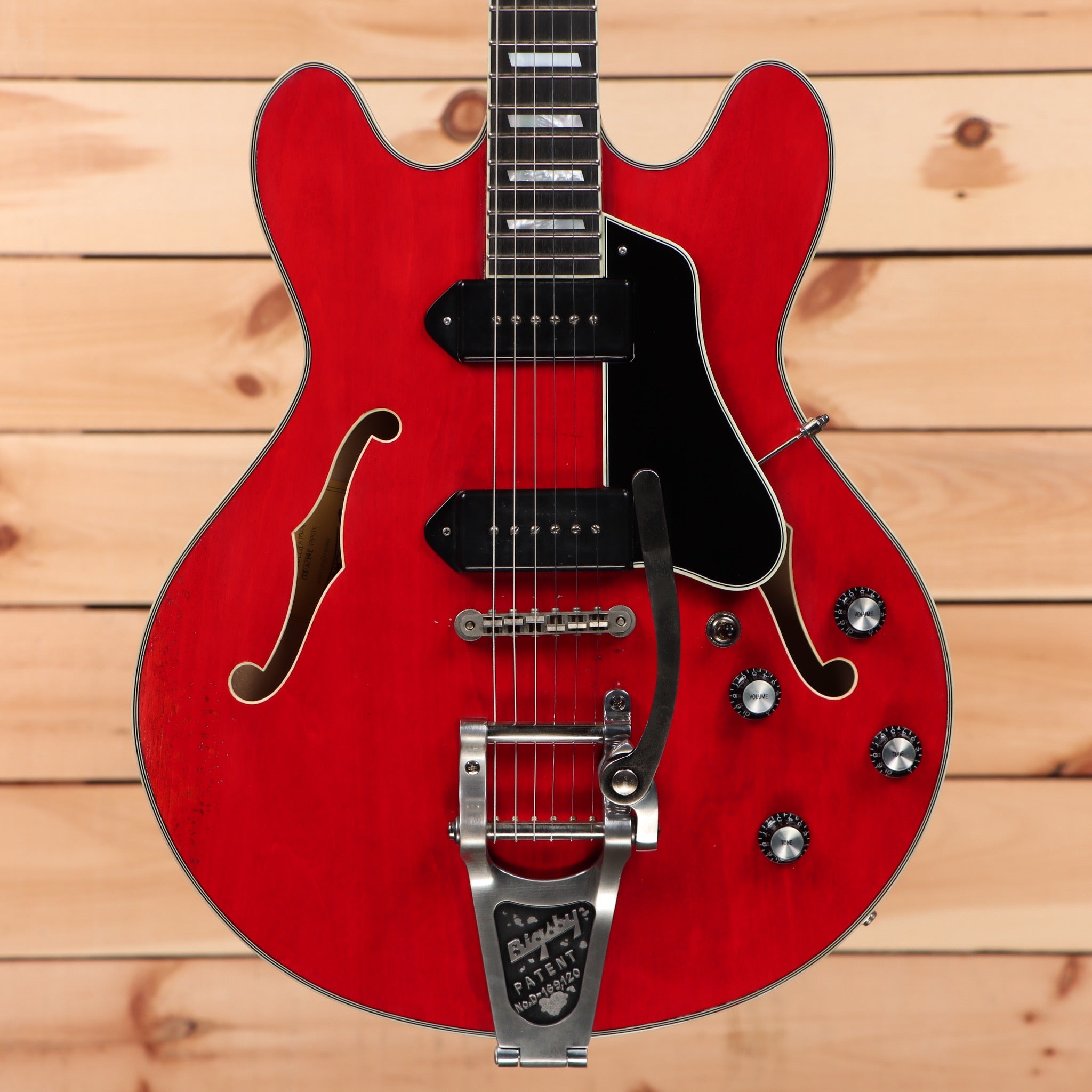 Eastman T64VRD semi-hollow body electric guitar antique red with f-holes and dual humbuckers