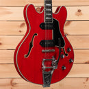 Eastman T64VRD semi-hollow electric guitar antique red with black pickguard and f-holes