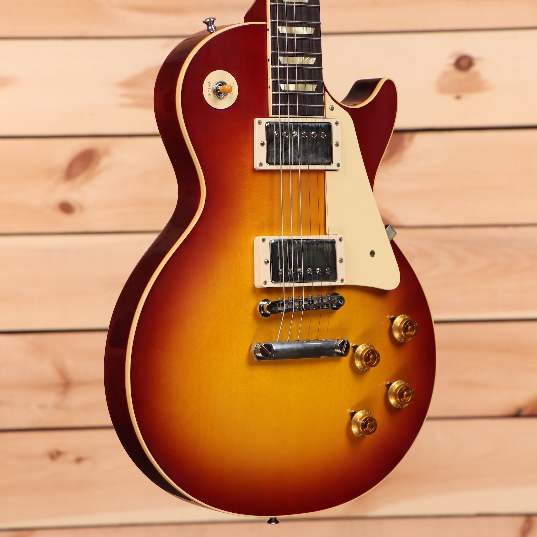 Gibson 1958 Les Paul Standard Reissue VOS electric guitar Washed Cherry Sunburst with dual humbuckers and gold hardware