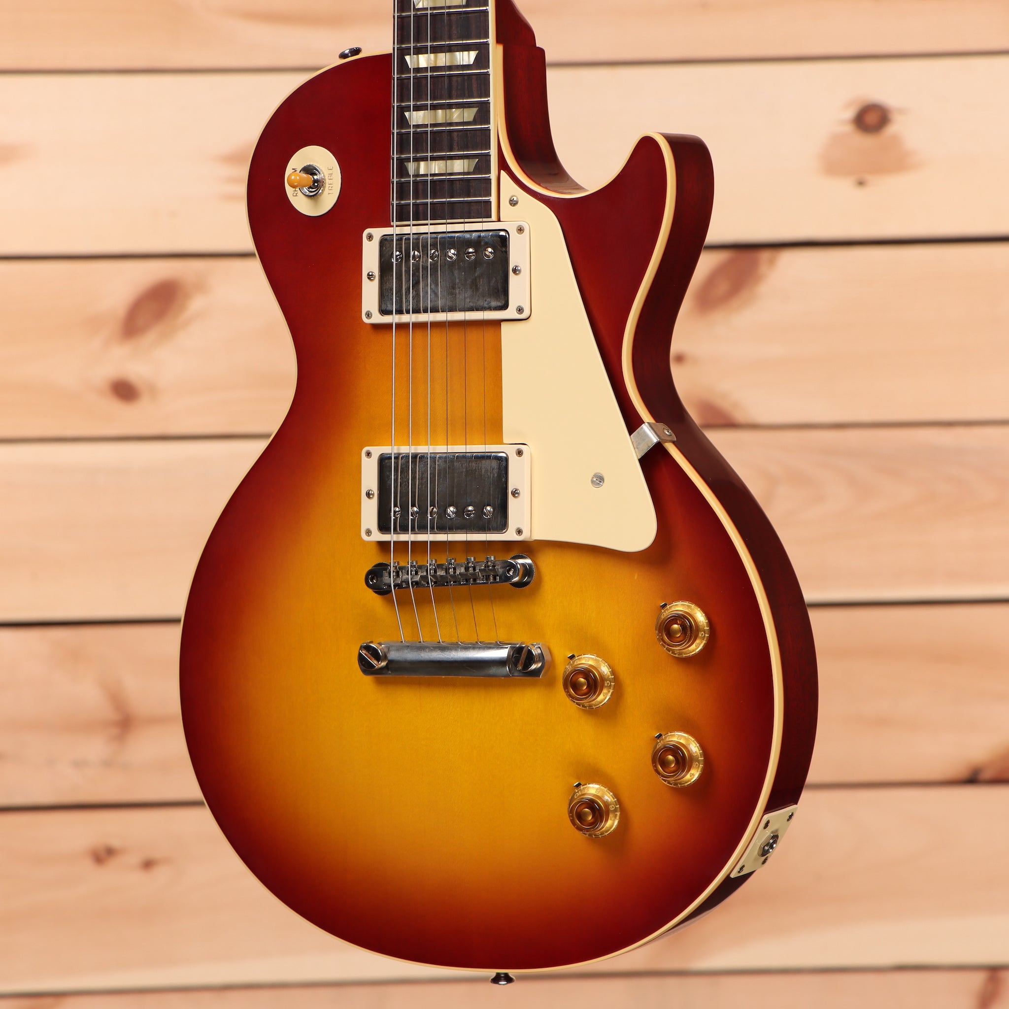 Gibson 1958 Les Paul Standard Reissue electric guitar Washed Cherry Sunburst with dual humbucker pickups and gold hardware