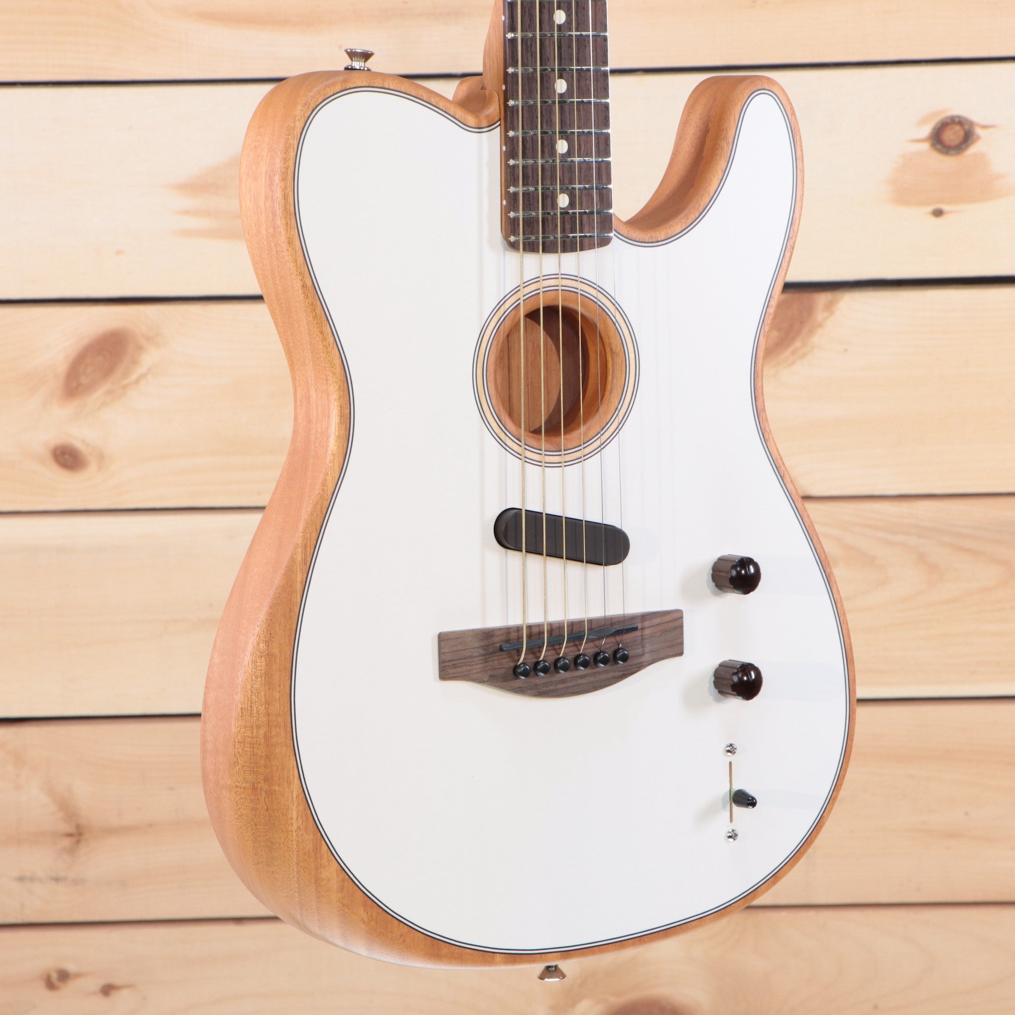 Fender Acoustasonic Player Telecaster electric guitar Arctic White with acoustic soundhole and dual knobs