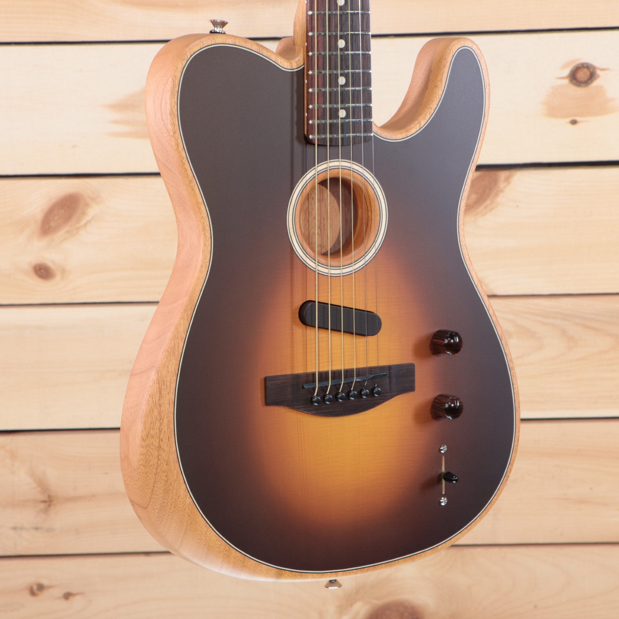 Fender Acoustasonic Player Telecaster electric guitar Shadow Burst with acoustic-electric hybrid design and rounded cutaway body