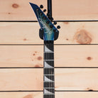 Jackson MJ Series Dinky DKRP electric guitar transparent blue burst with pointed headstock and maple fretboard