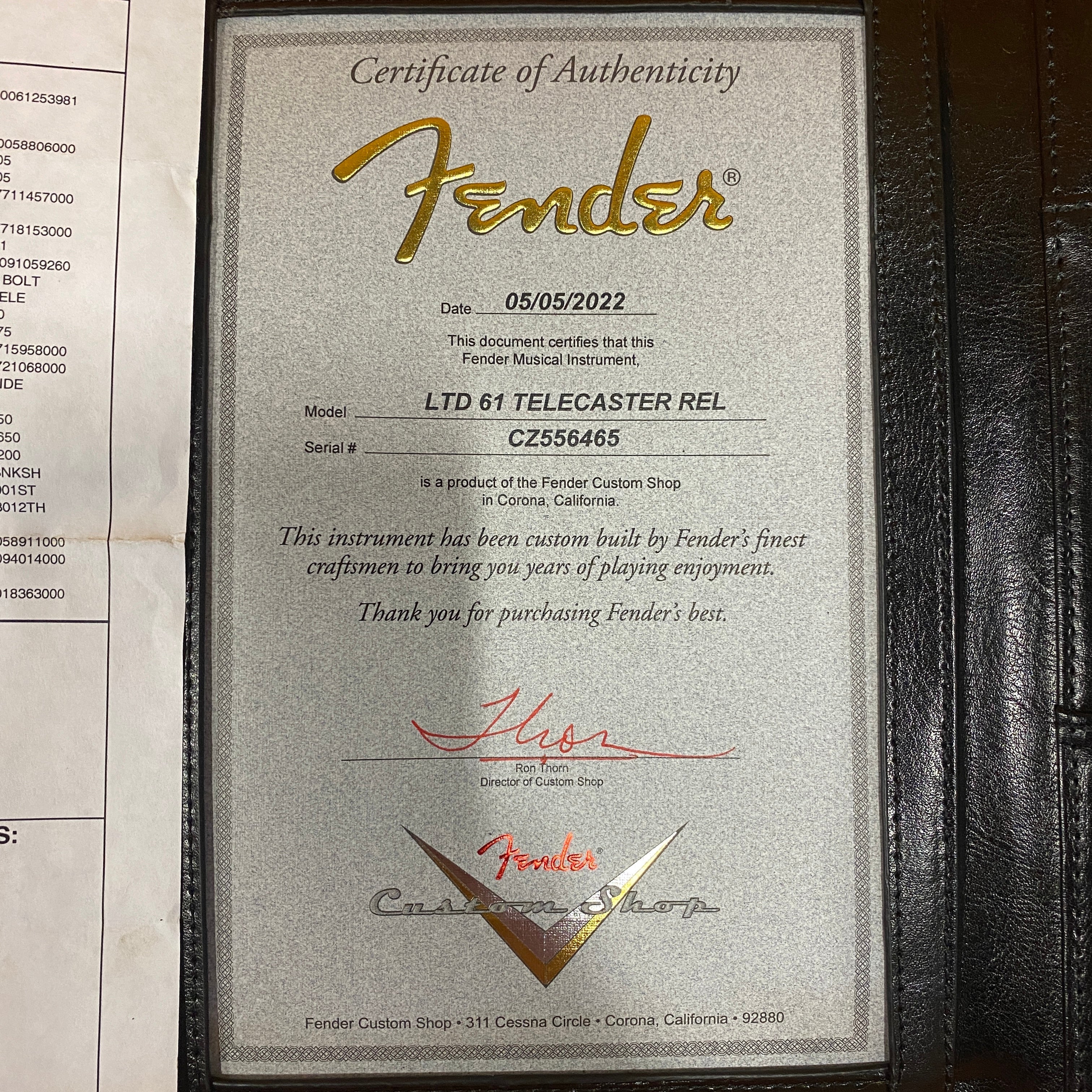 Fender Custom Shop LTD 1961 Telecaster Relic Certificate of Authenticity dated 05/05/2022 serial CZ556465