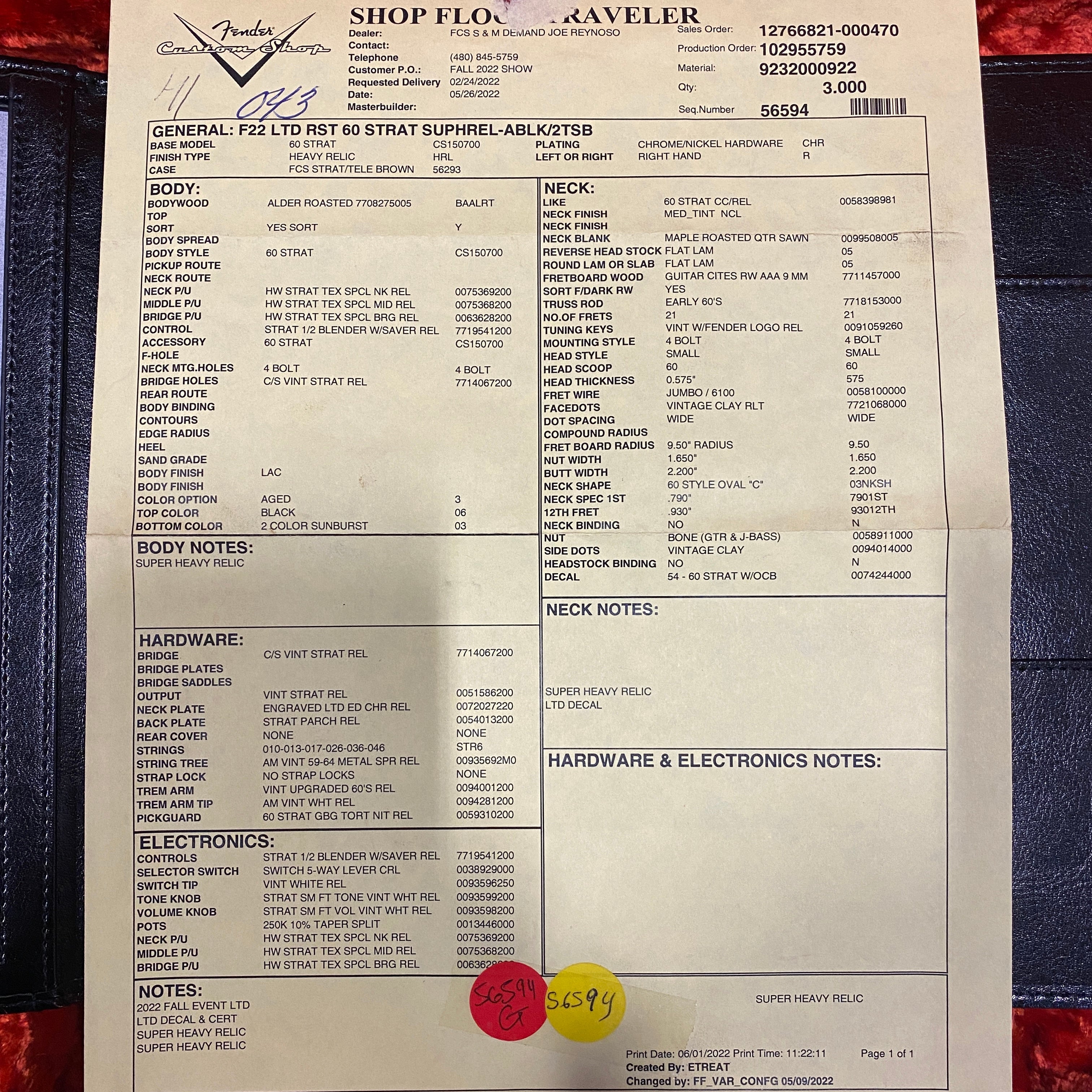Fender Custom Shop LTD Roasted 1960 Stratocaster shop floor traveler spec sheet heavy relic build order