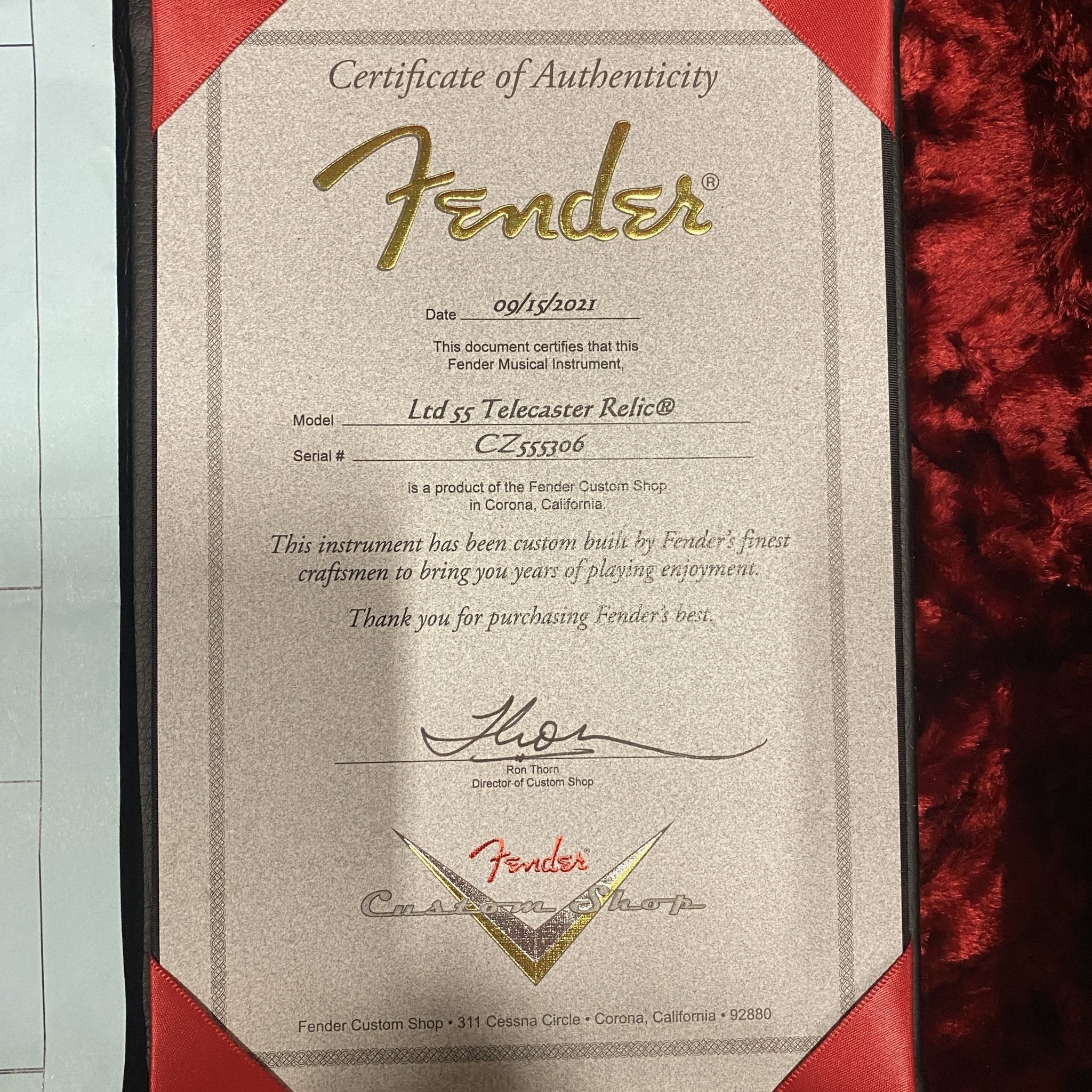 Fender Custom Shop Ltd 1955 Telecaster Relic electric guitar Certificate of Authenticity serial CZ555306