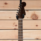 Fender Malibu Classic acoustic-electric guitar headstock with rosewood fretboard and chrome tuning machines