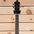 Fender PO-220E acoustic guitar black headstock with diamond fretboard inlays and chrome tuners