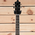 Fender PO-220E acoustic guitar black headstock with diamond fretboard inlays and chrome tuners