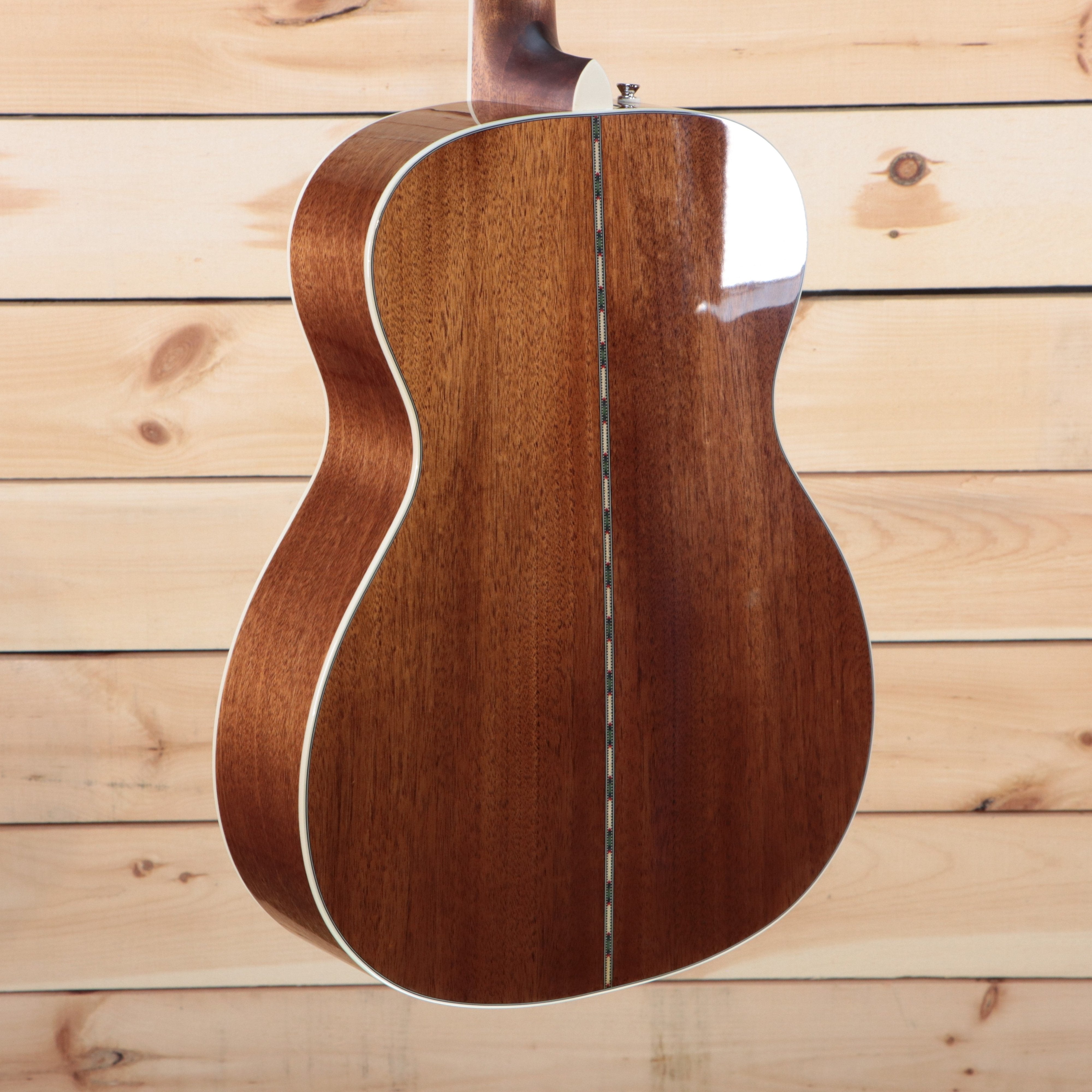 Fender PO-220E parlor acoustic-electric guitar natural mahogany back and sides with decorative center seam inlay