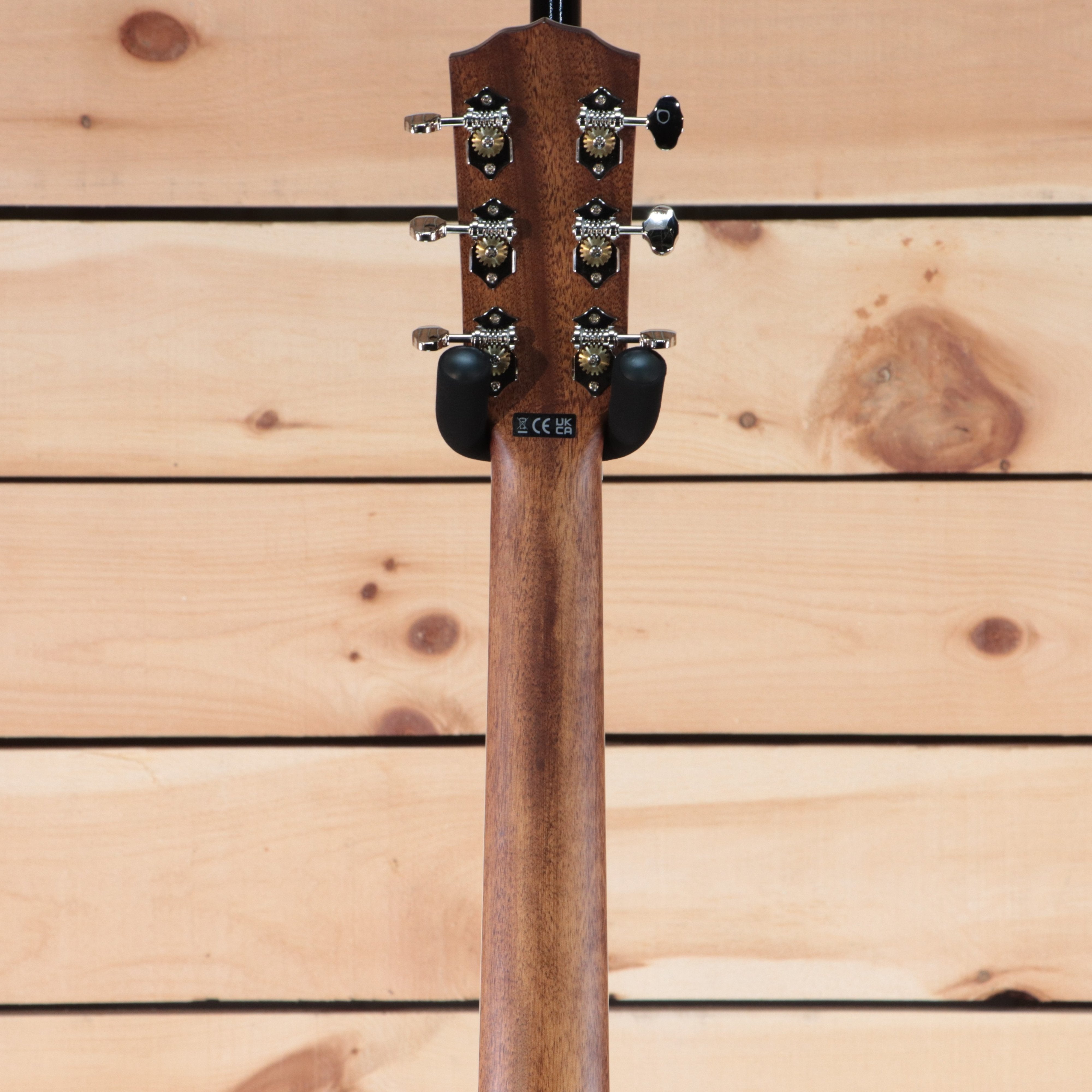 Fender PO-220E acoustic guitar back view walnut neck with chrome tuning machines