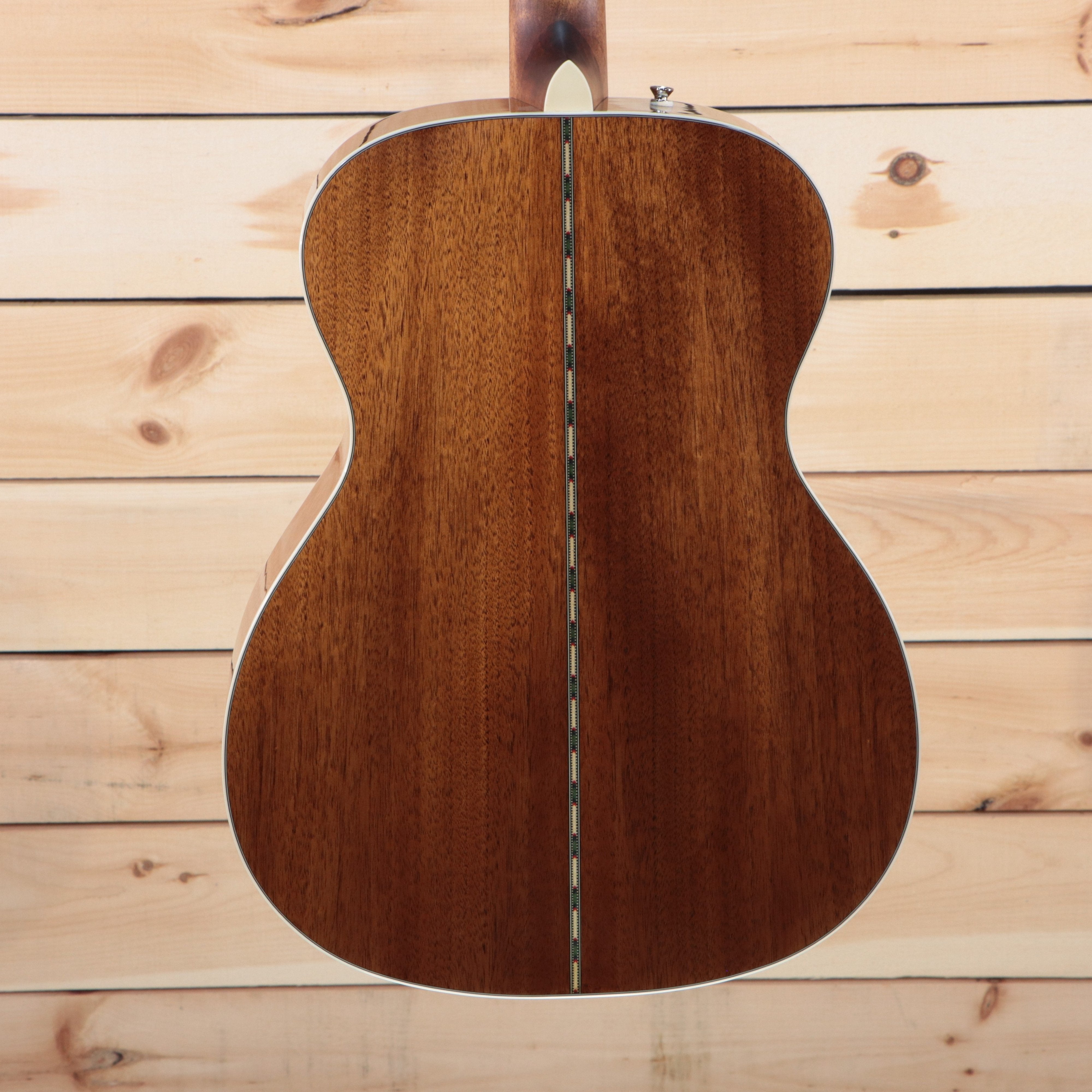 Fender PO-220E parlor acoustic-electric guitar natural mahogany back with decorative center seam inlay