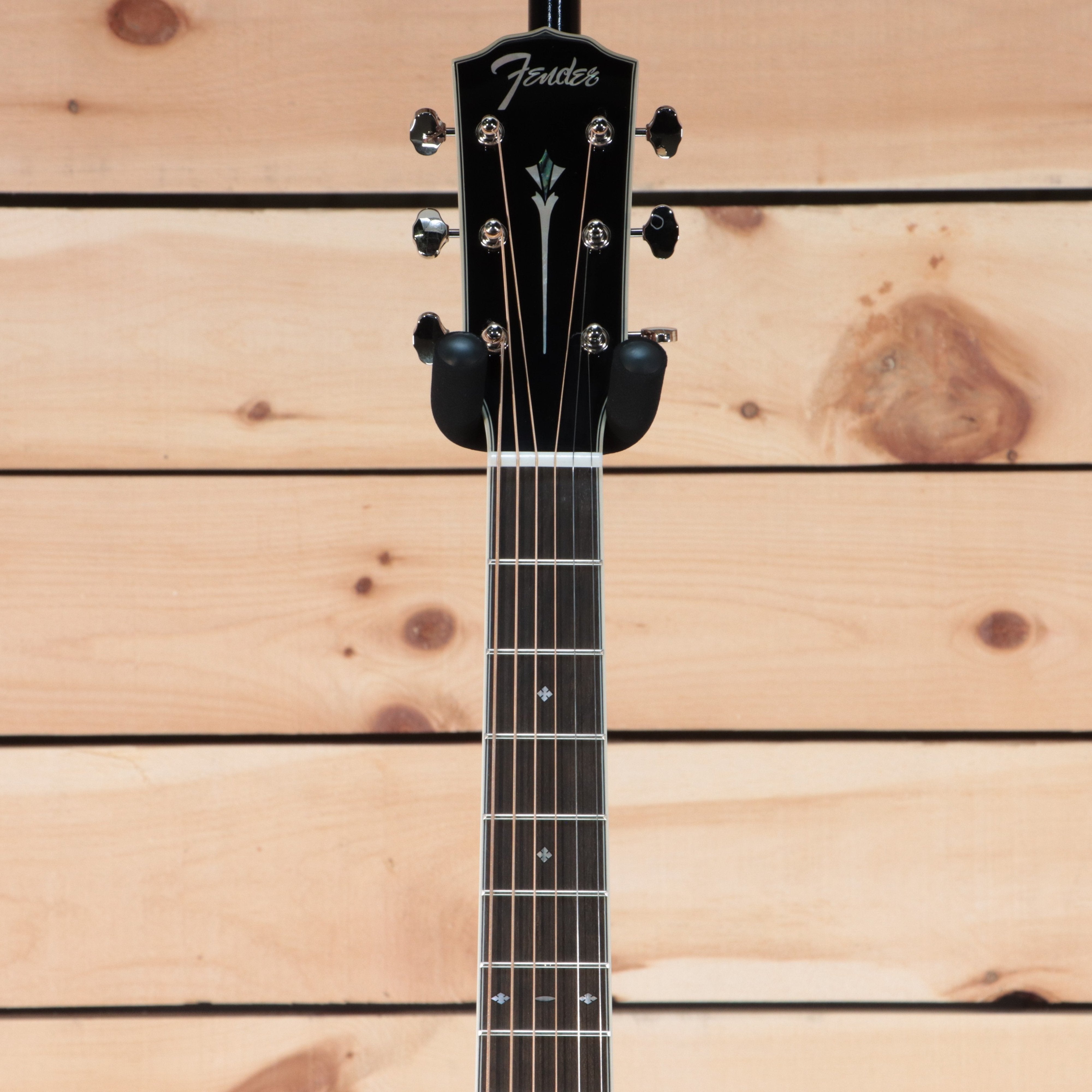 Fender PS-220E acoustic guitar black headstock with diamond fretboard inlays and 6-in-line tuners