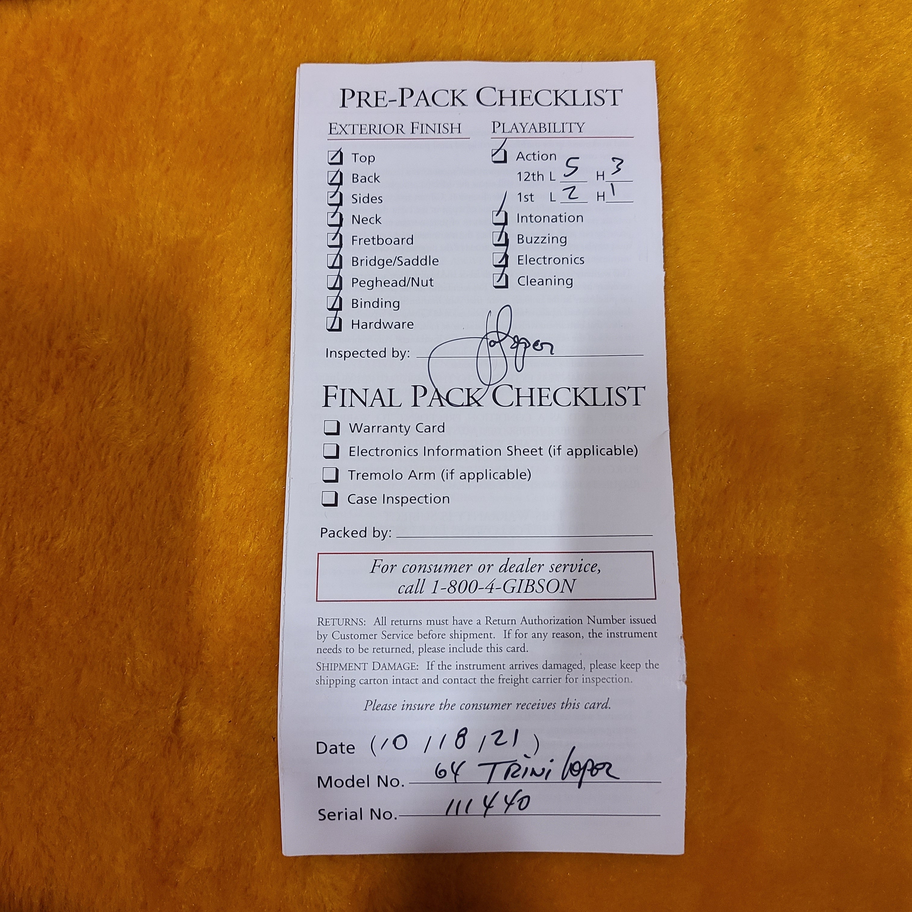 Gibson 1964 Trini Lopez VOS pre-pack inspection checklist card showing action measurements and serial number 111440