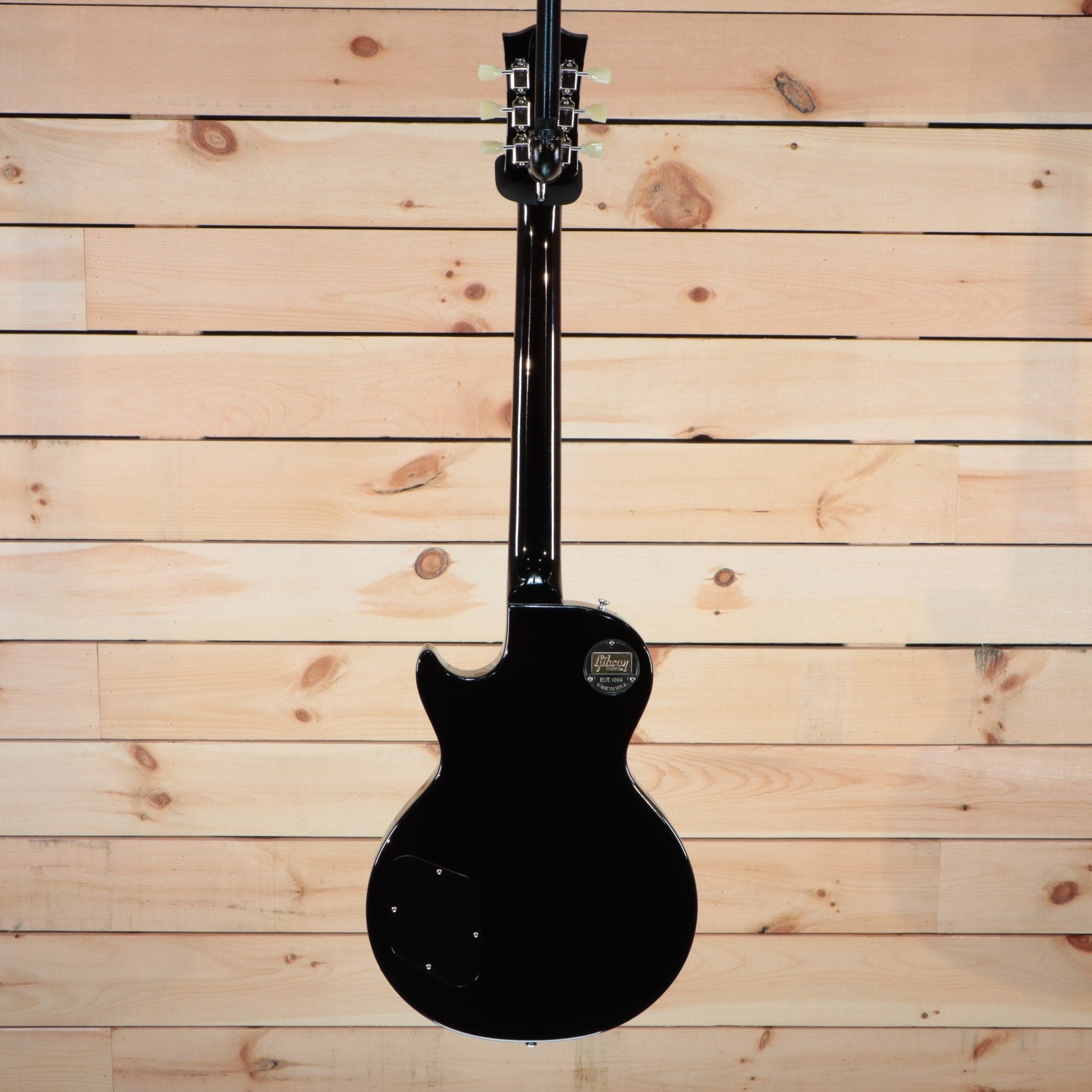 Gibson Les Paul Rocktop Geode electric guitar black back view with Gibson Custom medallion and control cavity cover