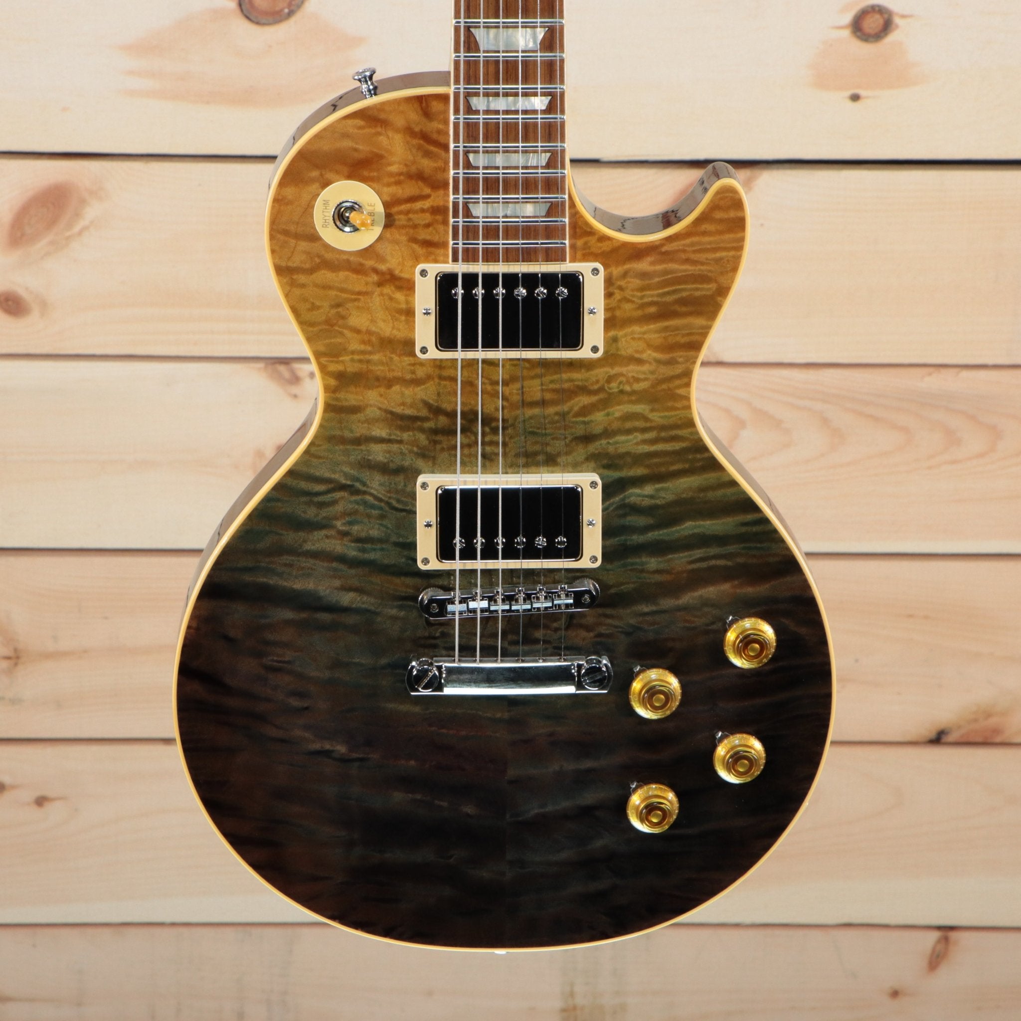 Gibson Les Paul Rocktop Geode electric guitar quilted maple top with black fade finish and gold hardware