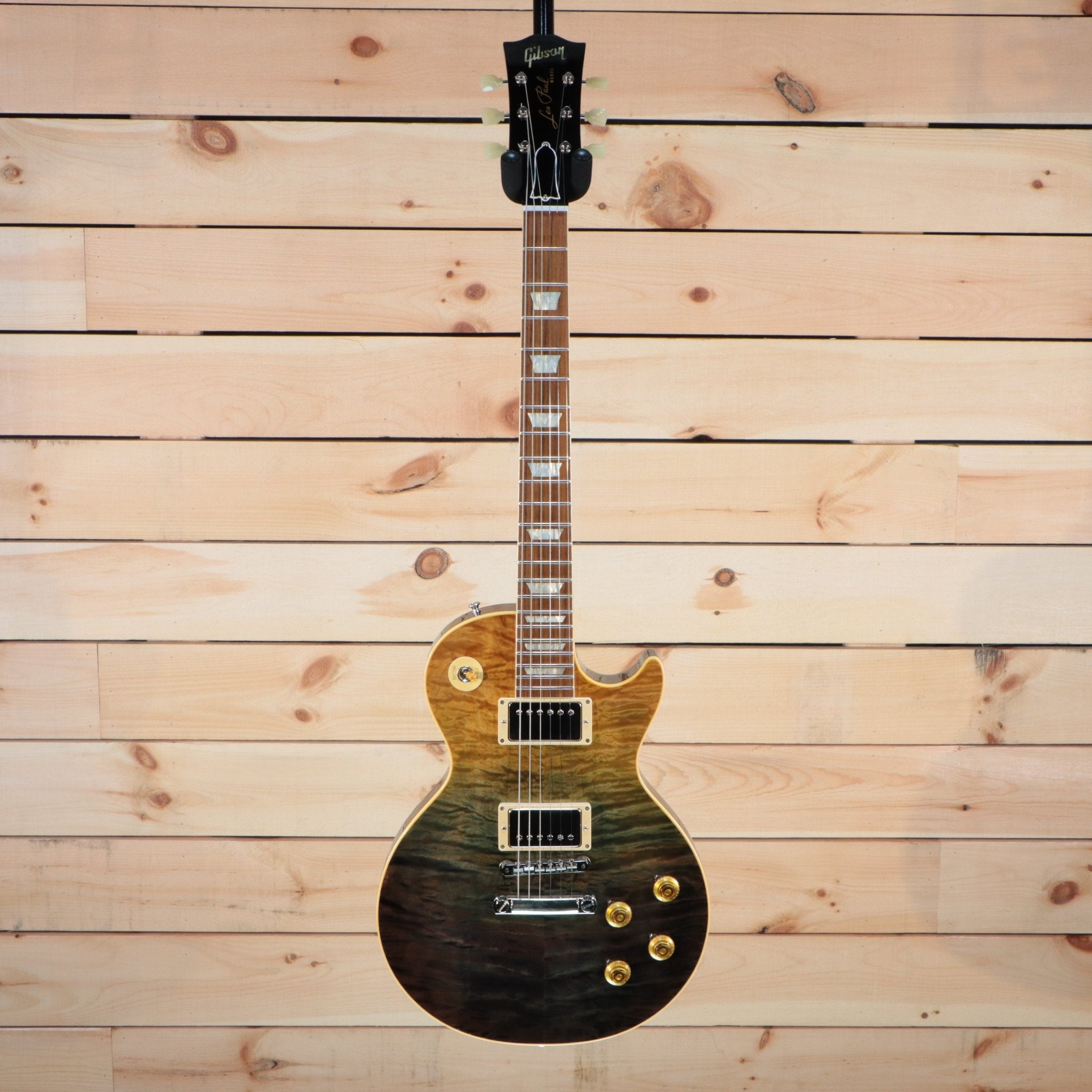 Gibson Les Paul Rocktop Geode electric guitar quilted top fading gold to dark green burst with gold hardware