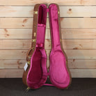 Gibson Les Paul hardshell guitar case brown exterior with pink velvet interior and gold hardware latches