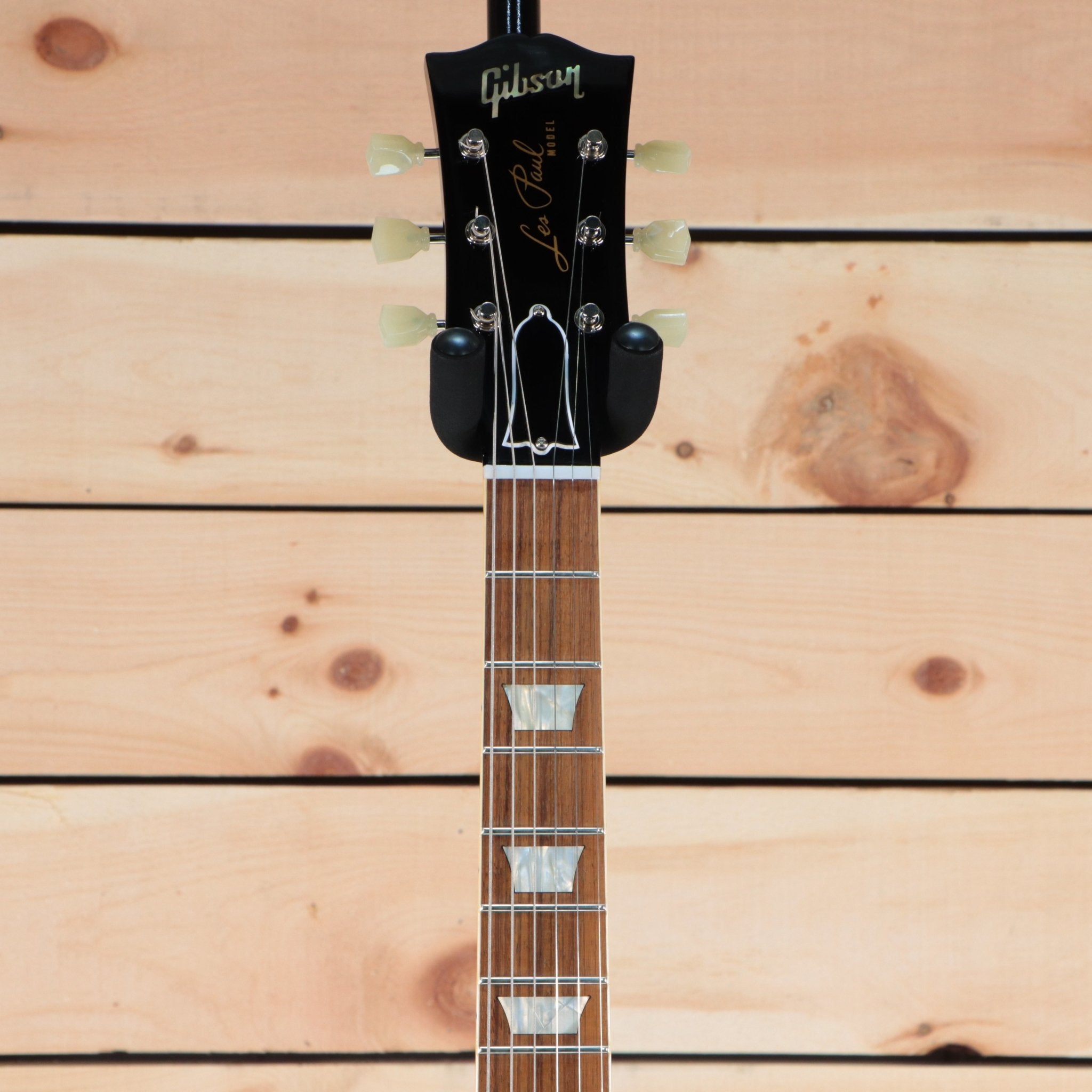 Gibson Les Paul Rocktop Geode electric guitar black headstock with trapezoid inlays and rosewood fretboard