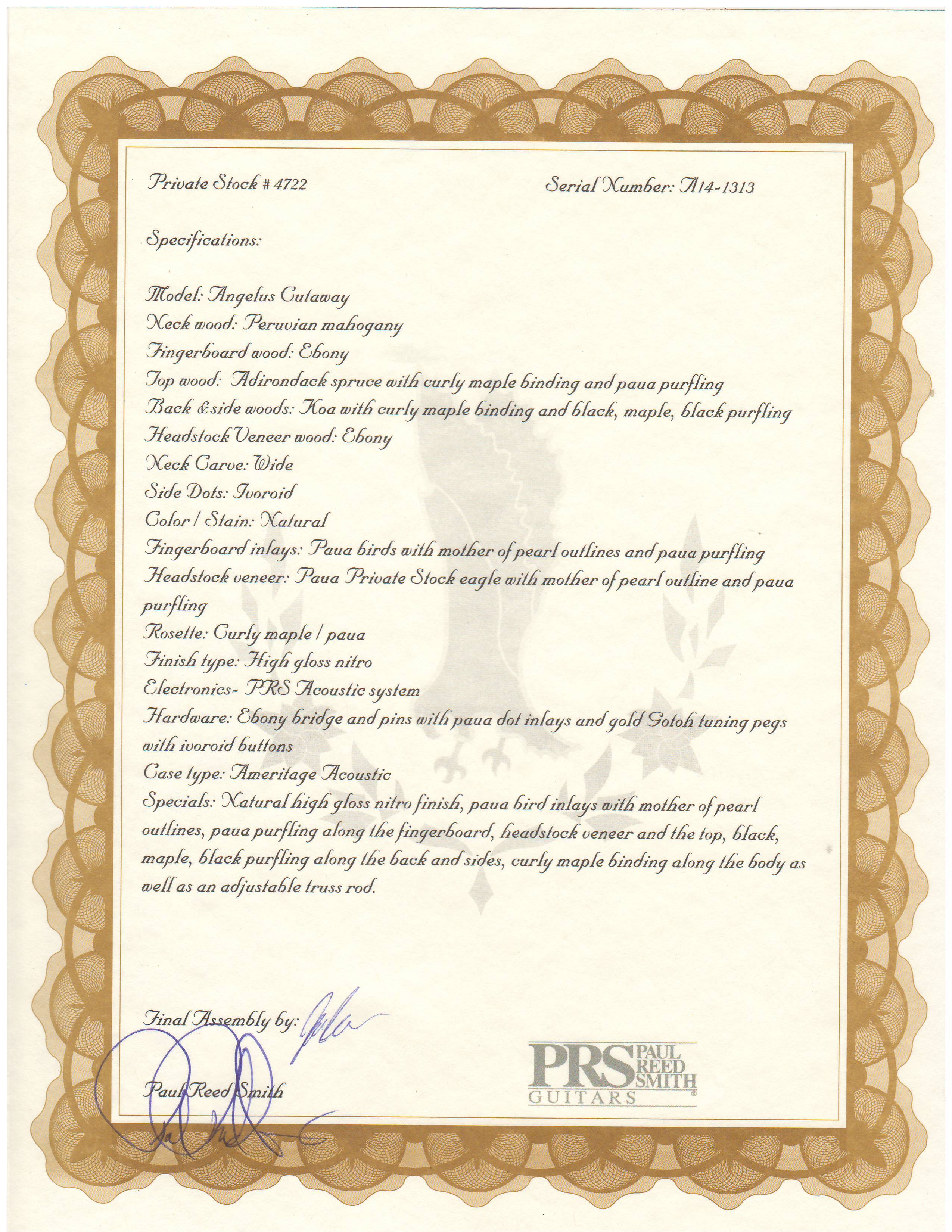PRS Private Stock Angelus Cutaway acoustic guitar certificate of authenticity signed by Paul Reed Smith