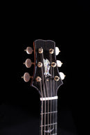 PRS Angelus acoustic guitar headstock with abalone eagle inlay gold tuners and ebony faceplate