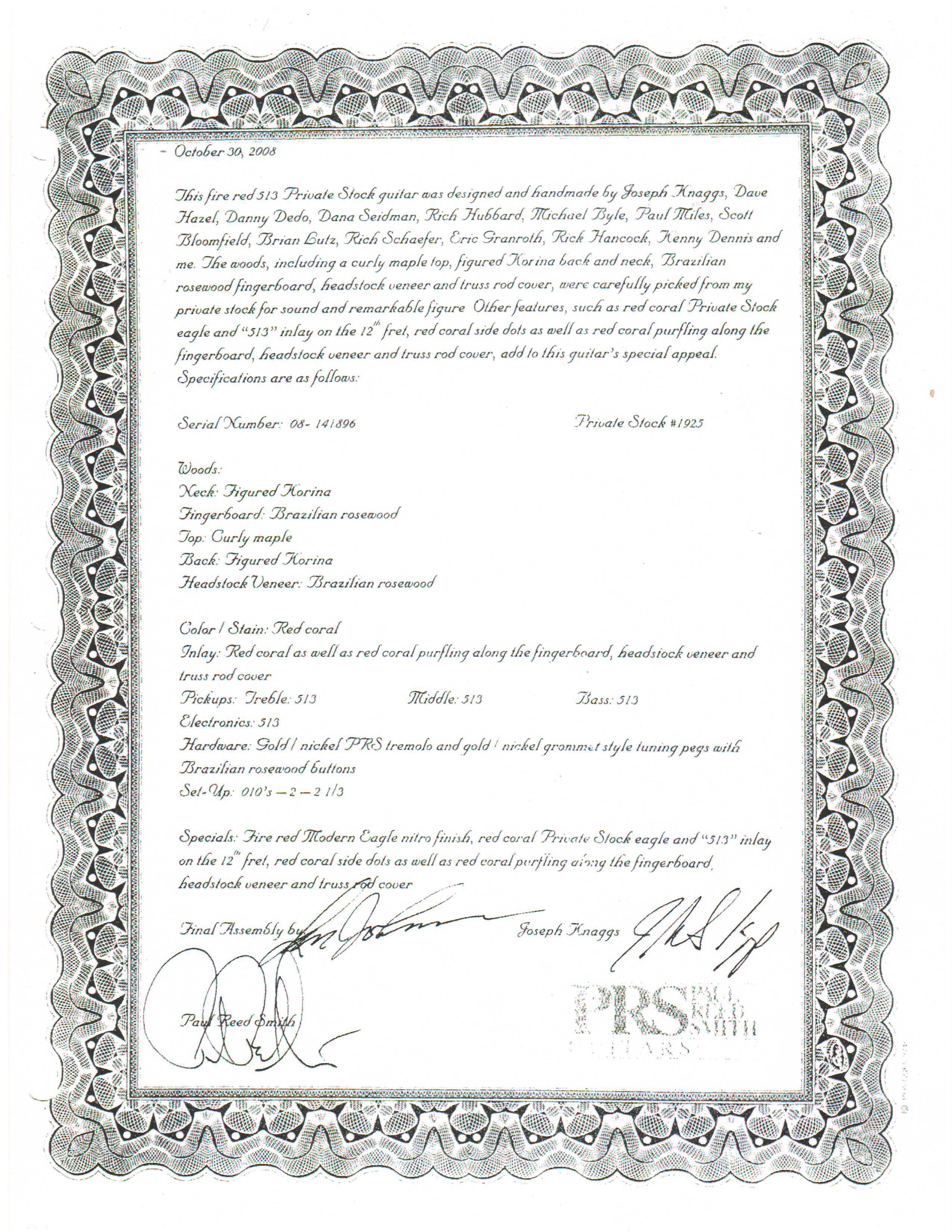 PRS Private Stock 513 electric guitar certificate of authenticity signed by Paul Reed Smith and Joseph Knaggs