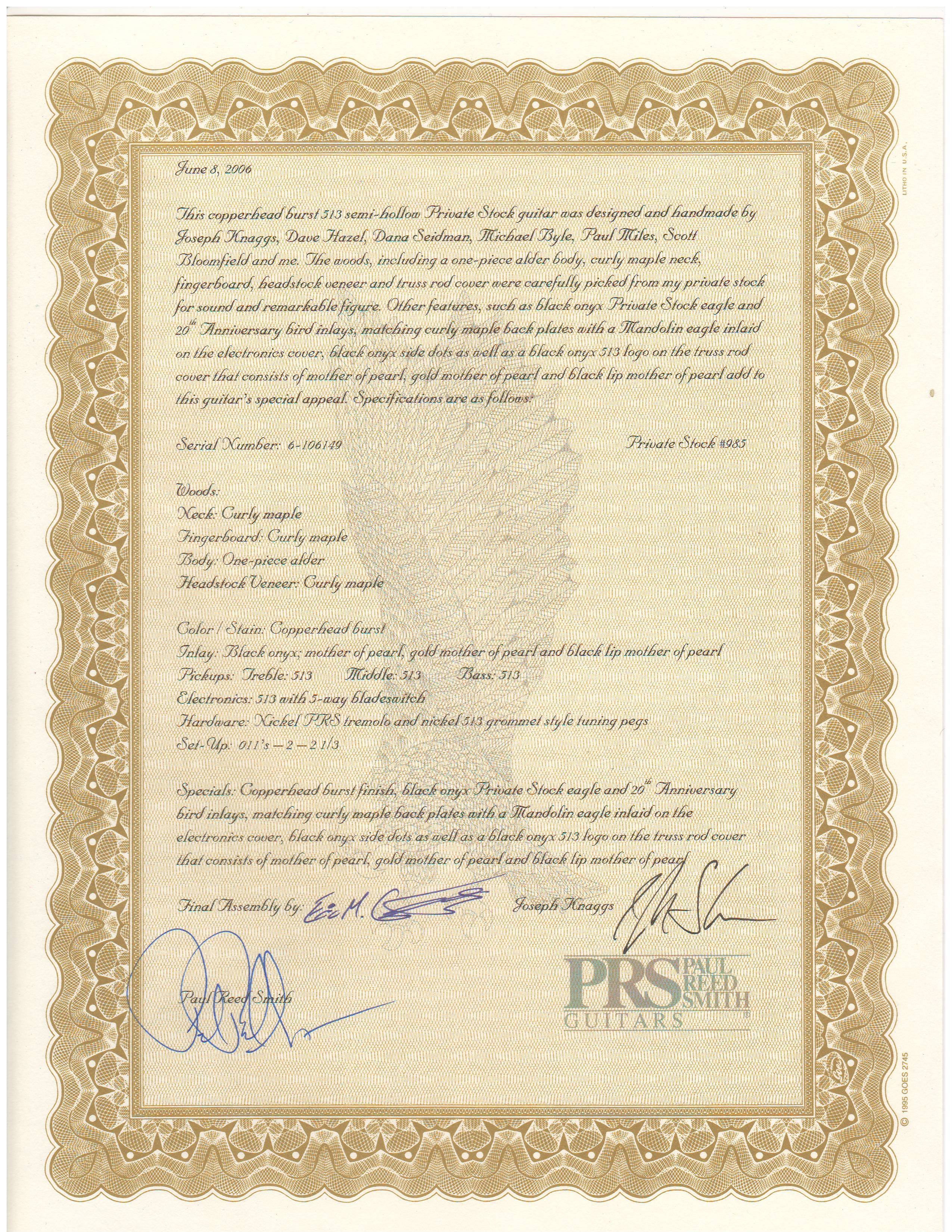 PRS Private Stock 513 semi-hollow Copperhead Burst certificate of authenticity signed by Paul Reed Smith