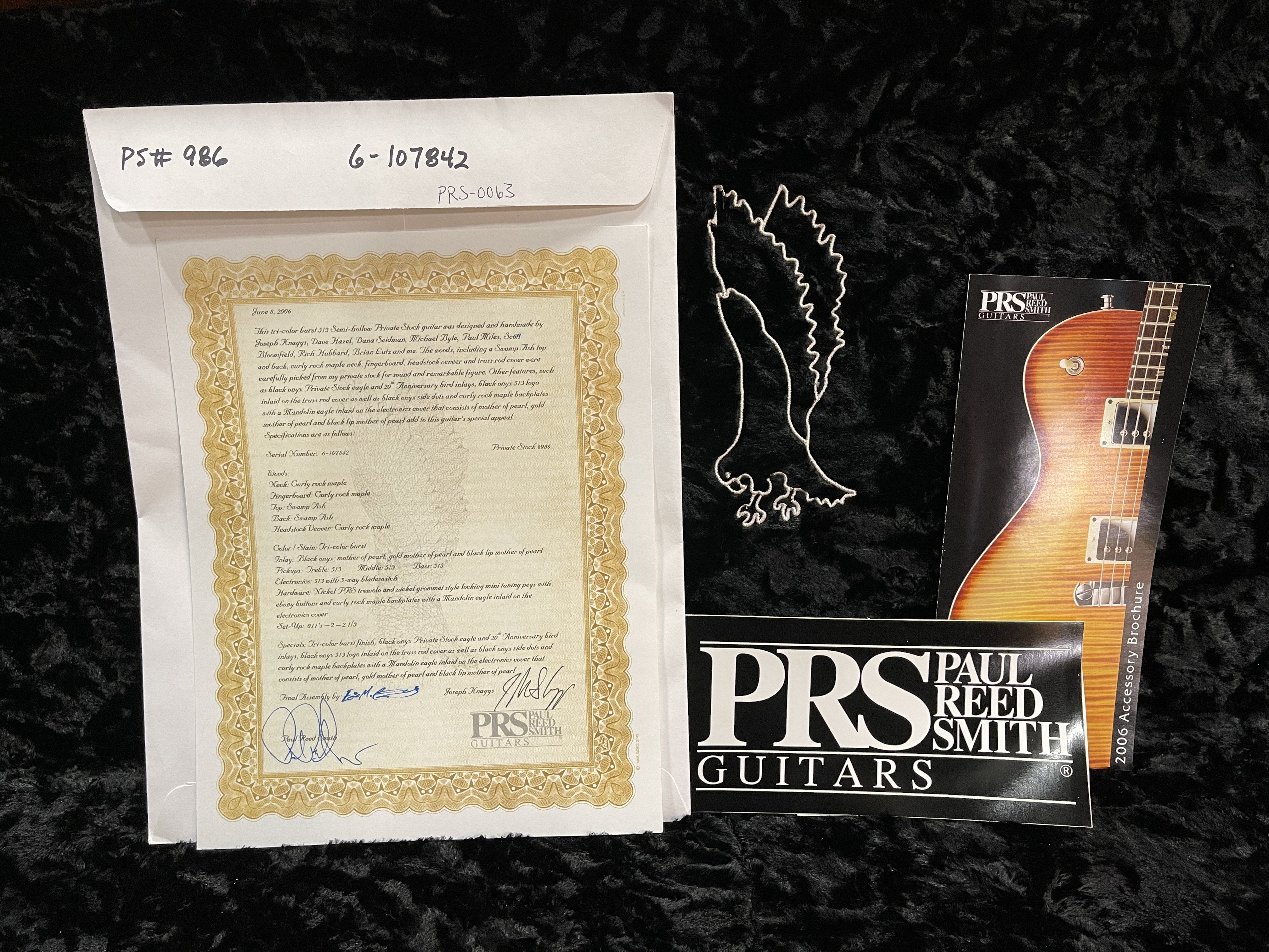 PRS Paul Reed Smith Private Stock 513 certificate of authenticity with eagle inlay and 2006 accessory brochure