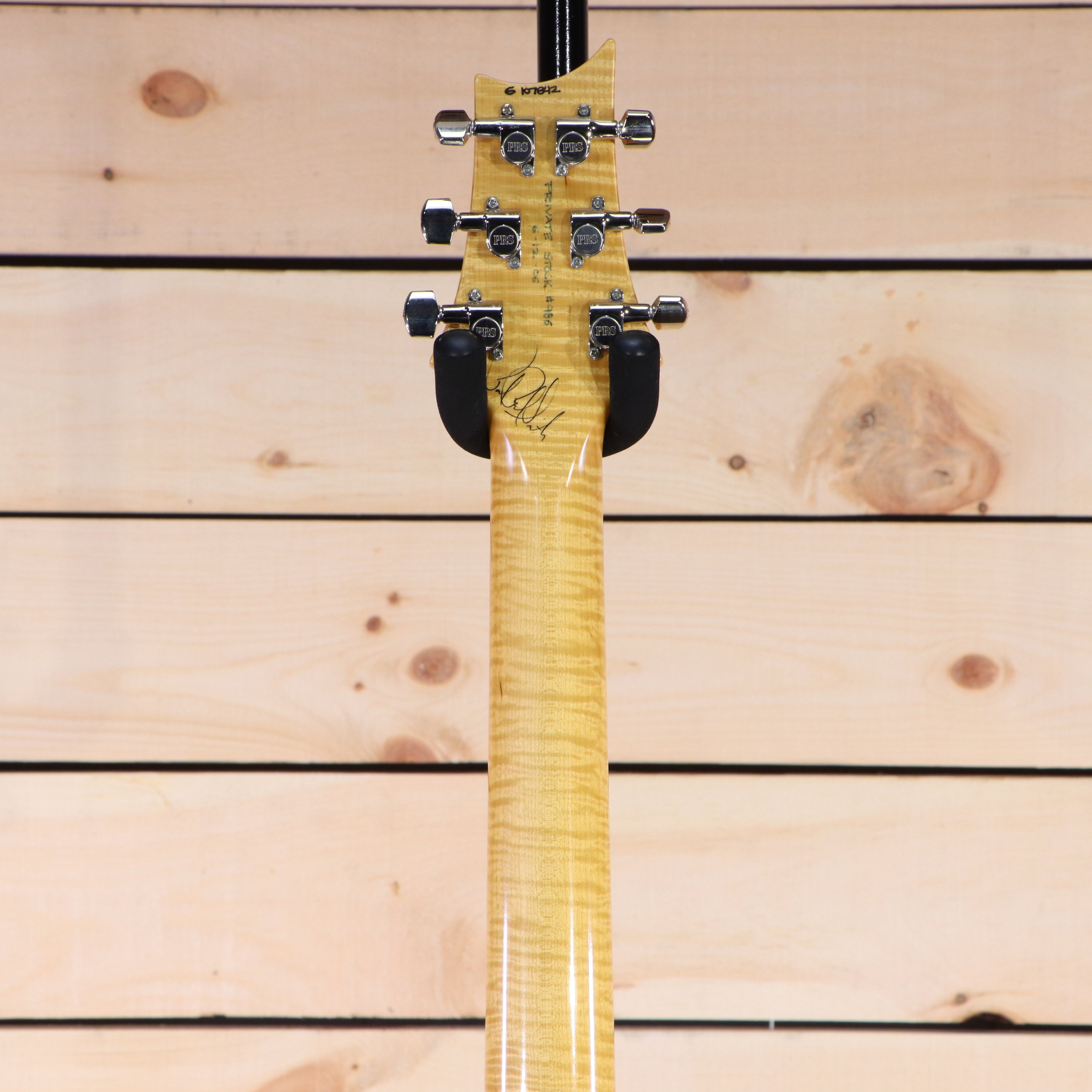 PRS Private Stock 513 electric guitar natural flamed maple neck headstock back with chrome tuners
