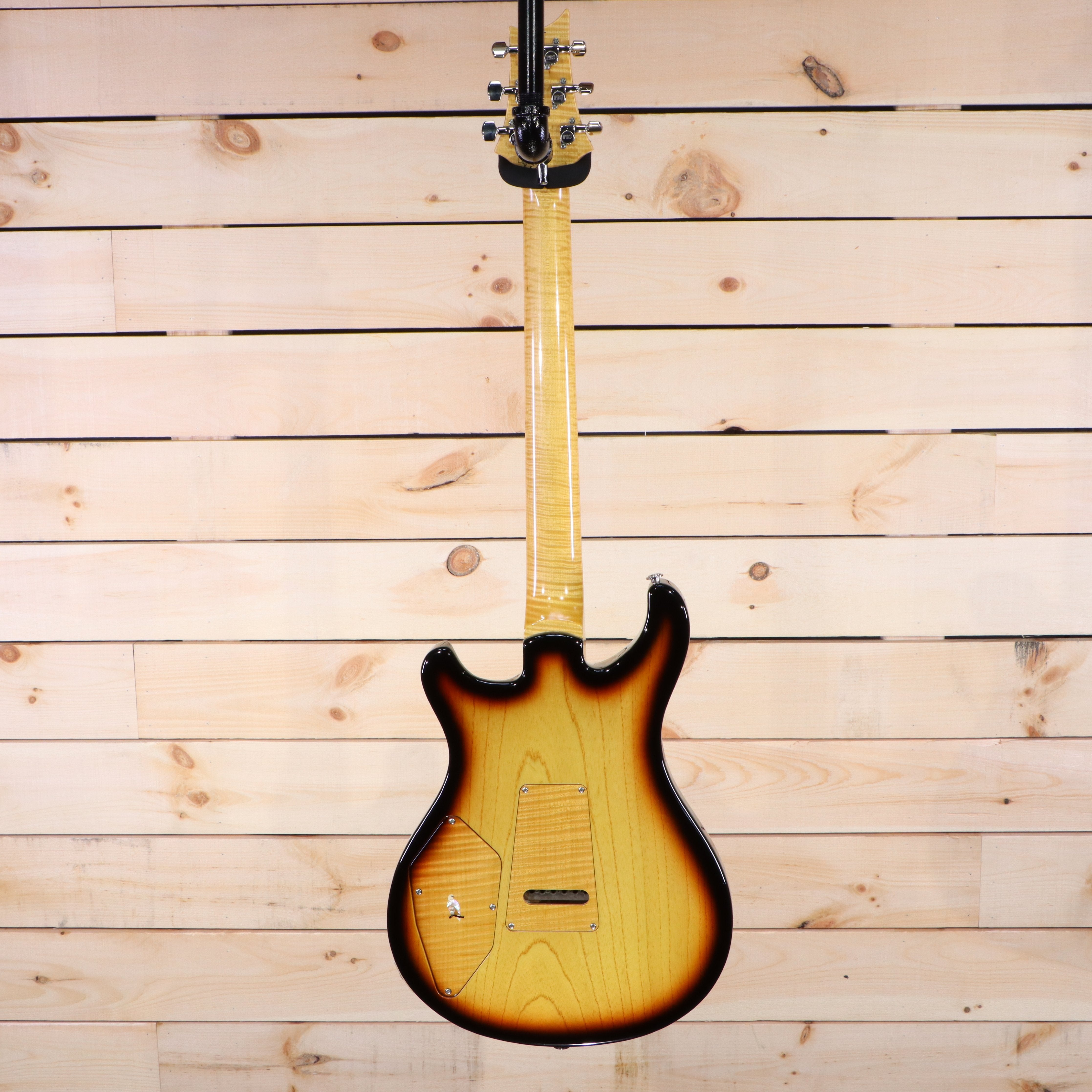 PRS Private Stock 513 electric guitar sunburst finish flamed maple neck back view with contoured body