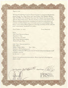 PRS Private Stock Custom 24 PS#1872 certificate of authenticity signed by Paul Reed Smith and Joseph Knaggs