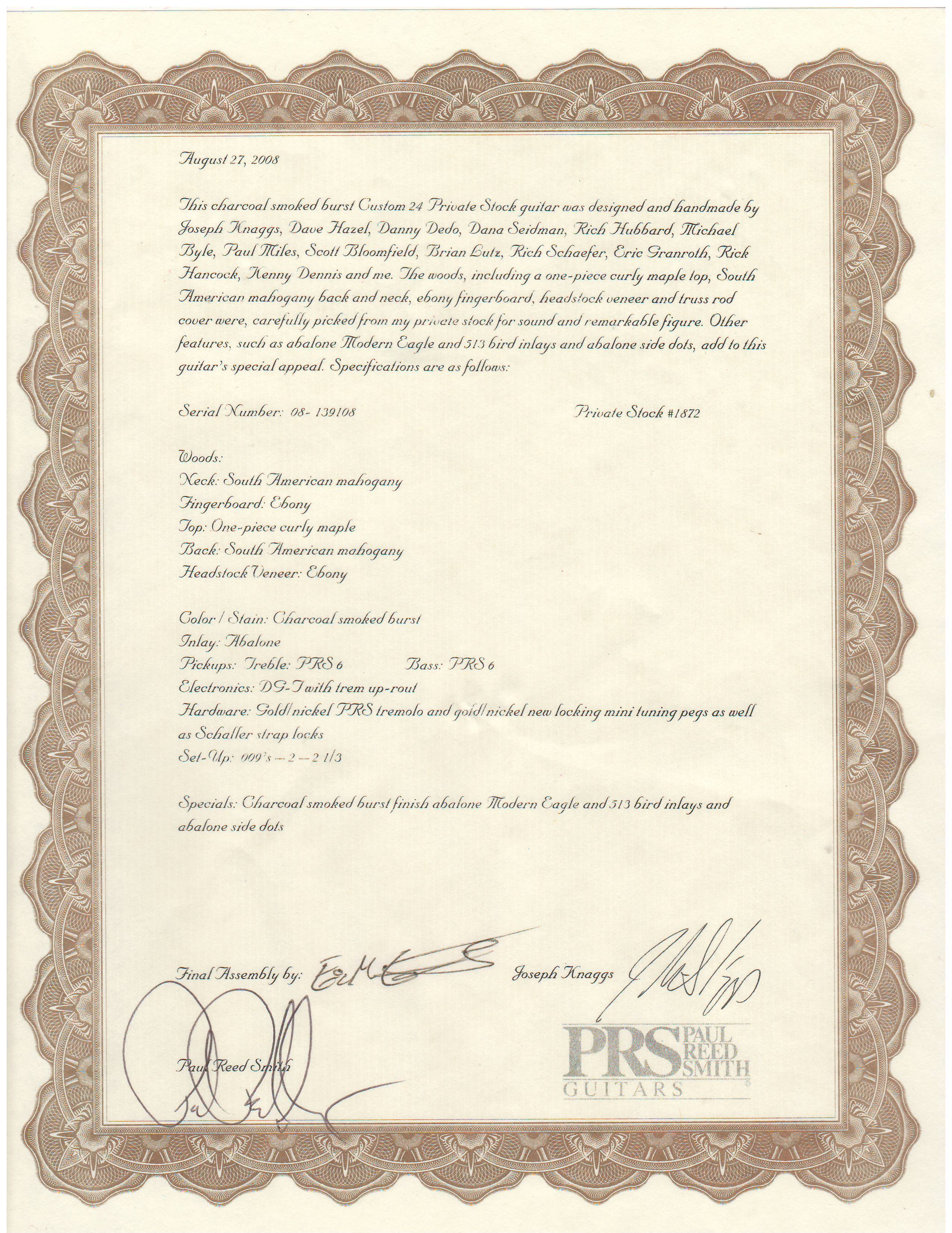PRS Private Stock Custom 24 PS#1872 certificate of authenticity signed by Paul Reed Smith and Joseph Knaggs