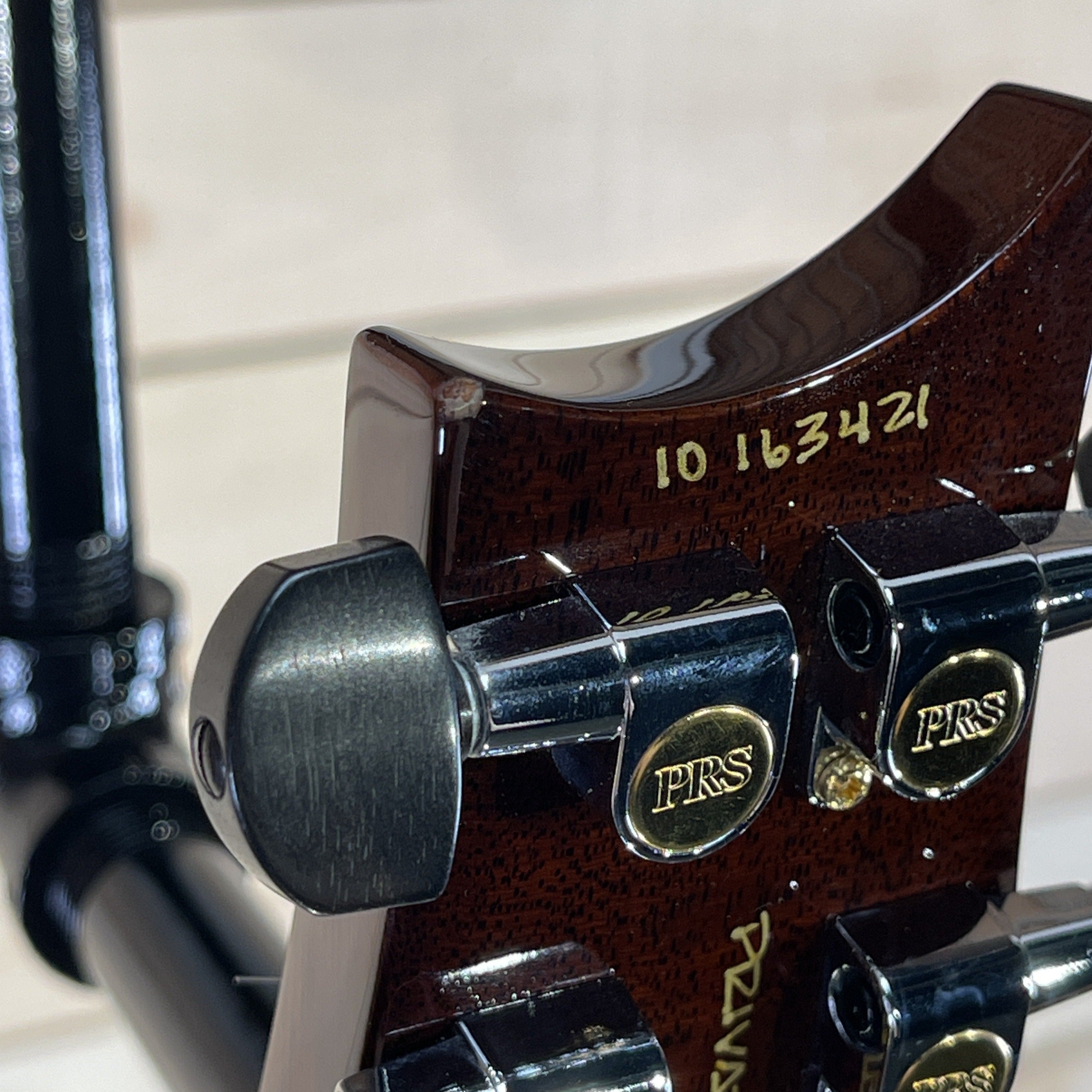 PRS Private Stock Custom 24 electric guitar mahogany headstock back showing serial 10163421 and PRS tuners