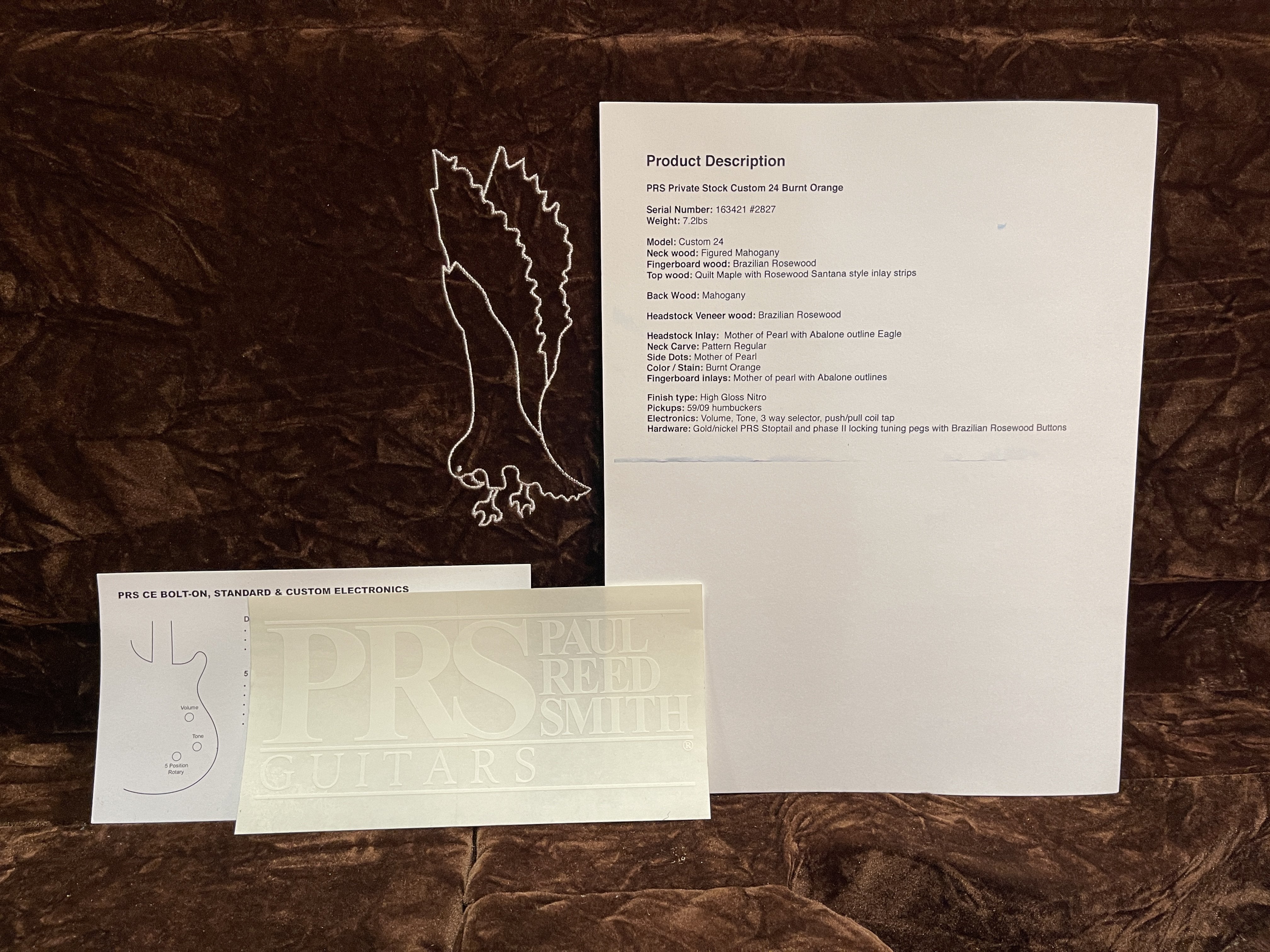 PRS Private Stock Custom 24 electric guitar documents with eagle inlay art, Brazilian Rosewood specs sheet