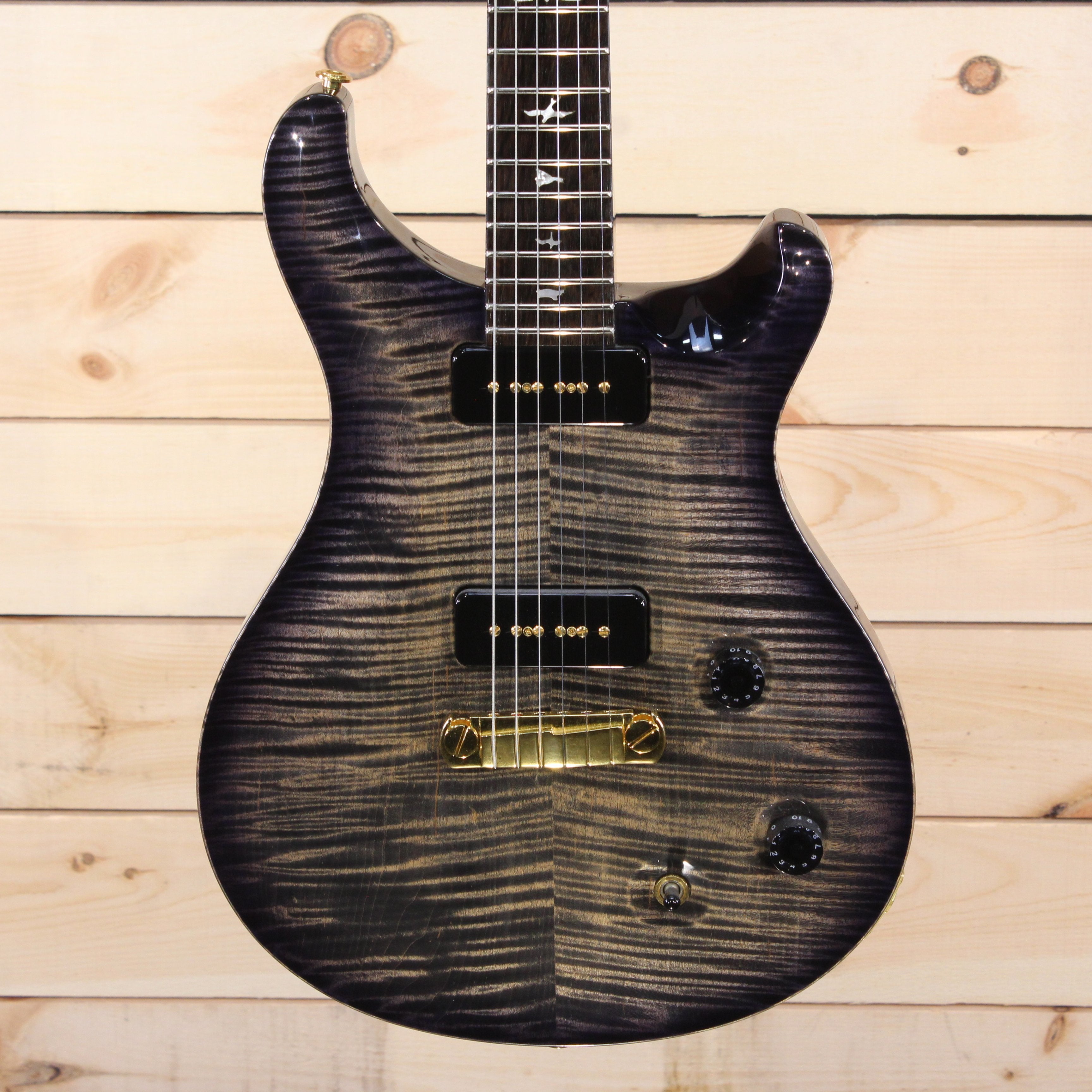 PRS Private Stock McCarty electric guitar charcoal burst flamed maple top with P90 pickups and gold hardware