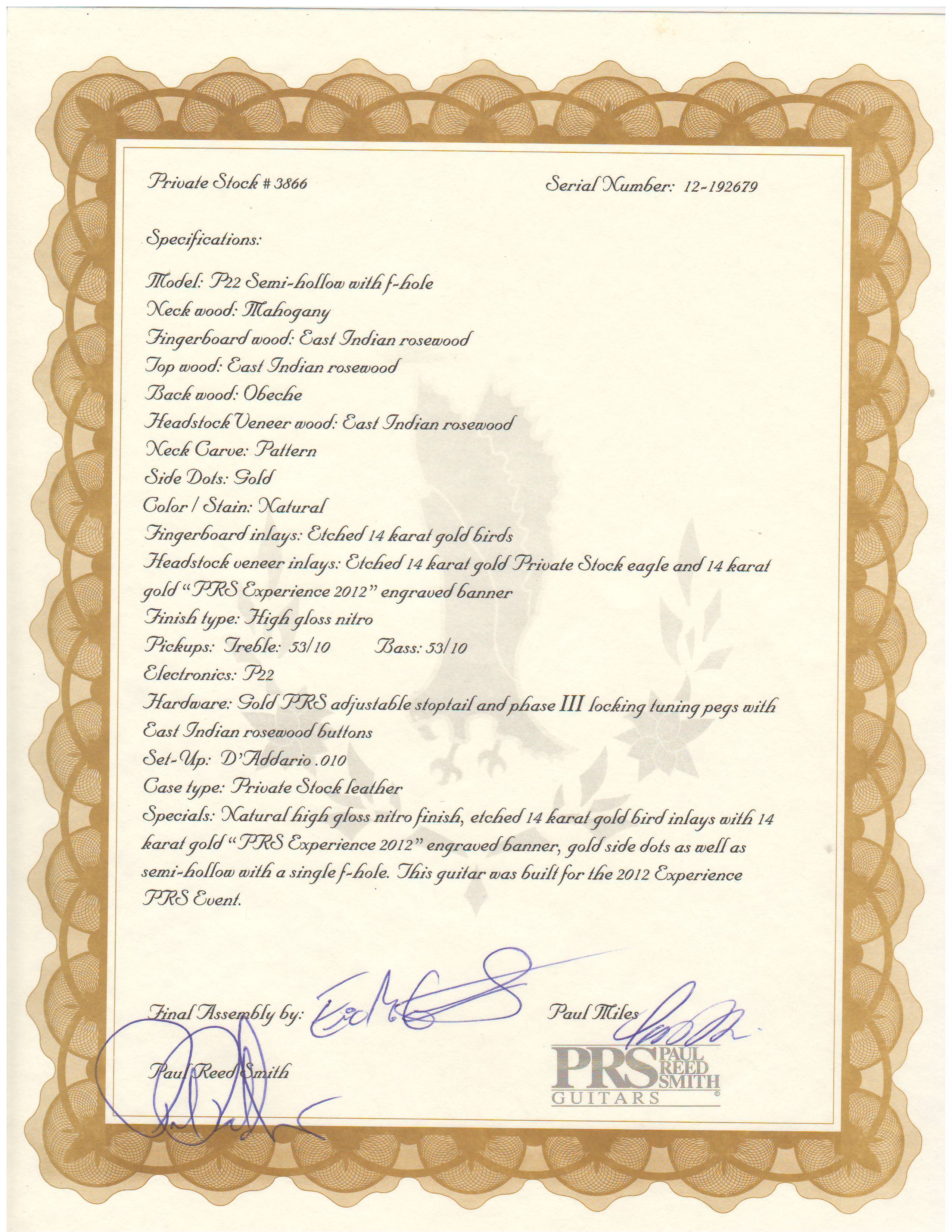 PRS Private Stock Custom 22 semi-hollow certificate of authenticity serial 12-192679 signed by Paul Reed Smith