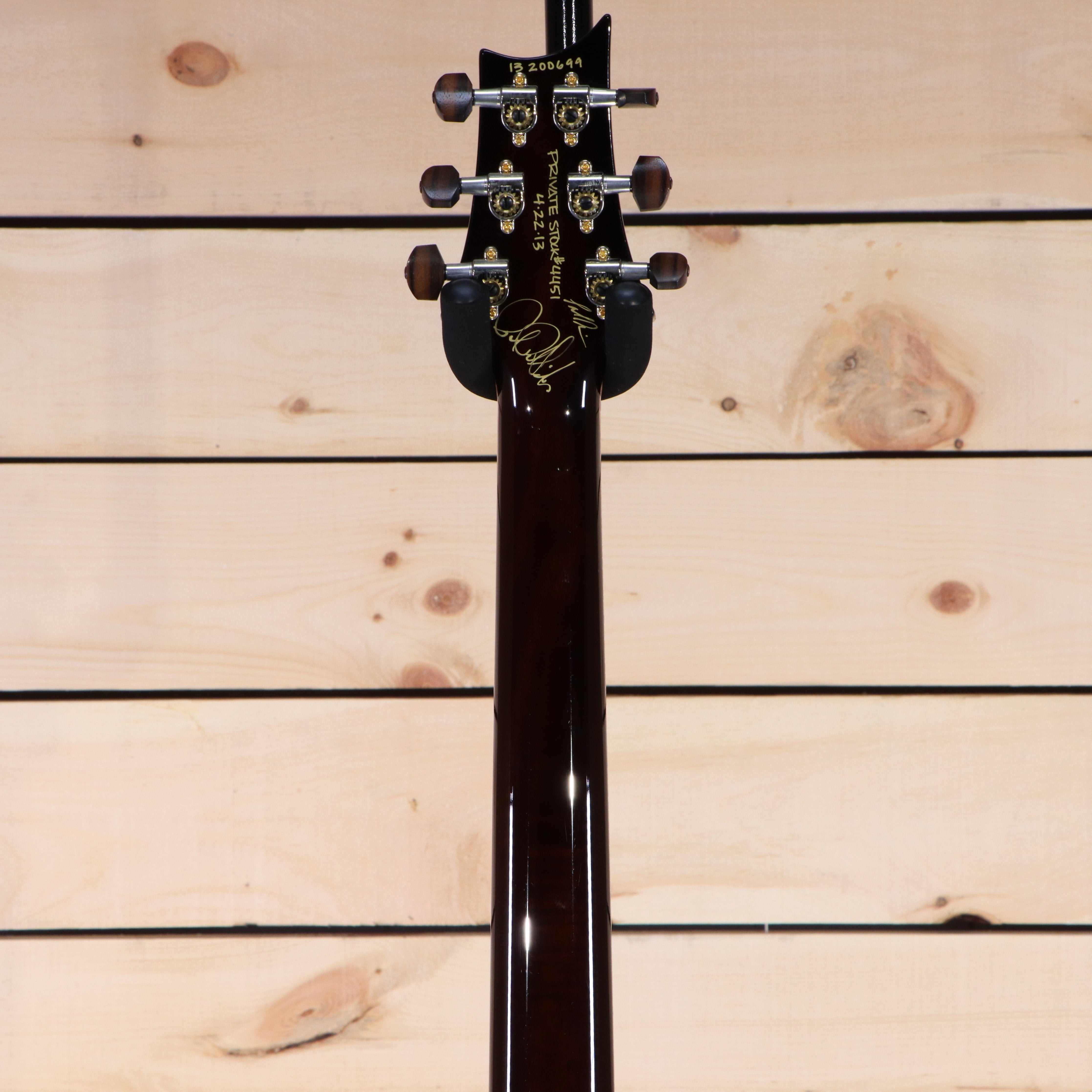 PRS Private Stock PS#4451 electric guitar back headstock view with gold tuners and Paul Reed Smith signature