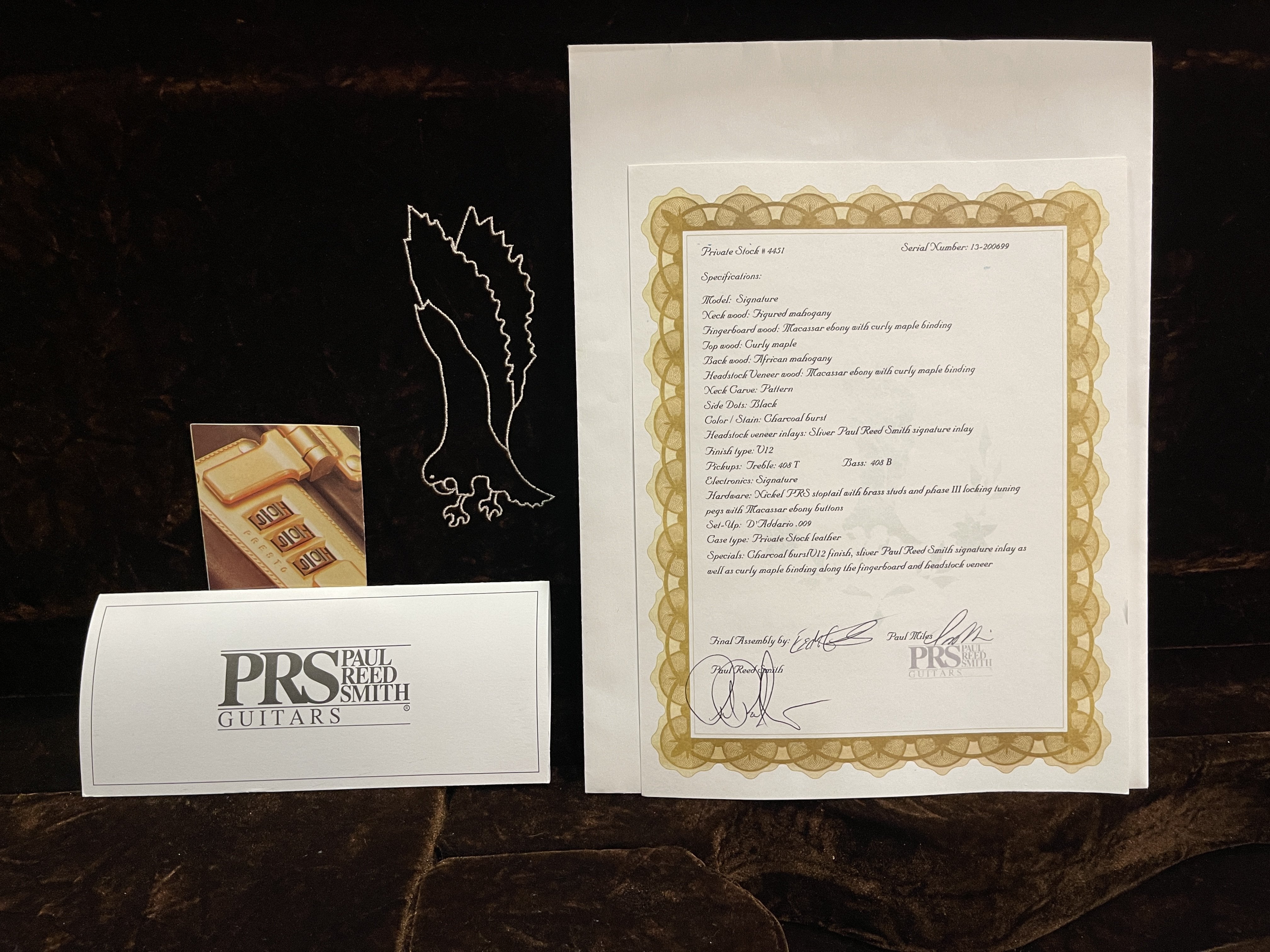 PRS Private Stock Signature PS#4451 certificate of authenticity with eagle inlay template and leather case documentation