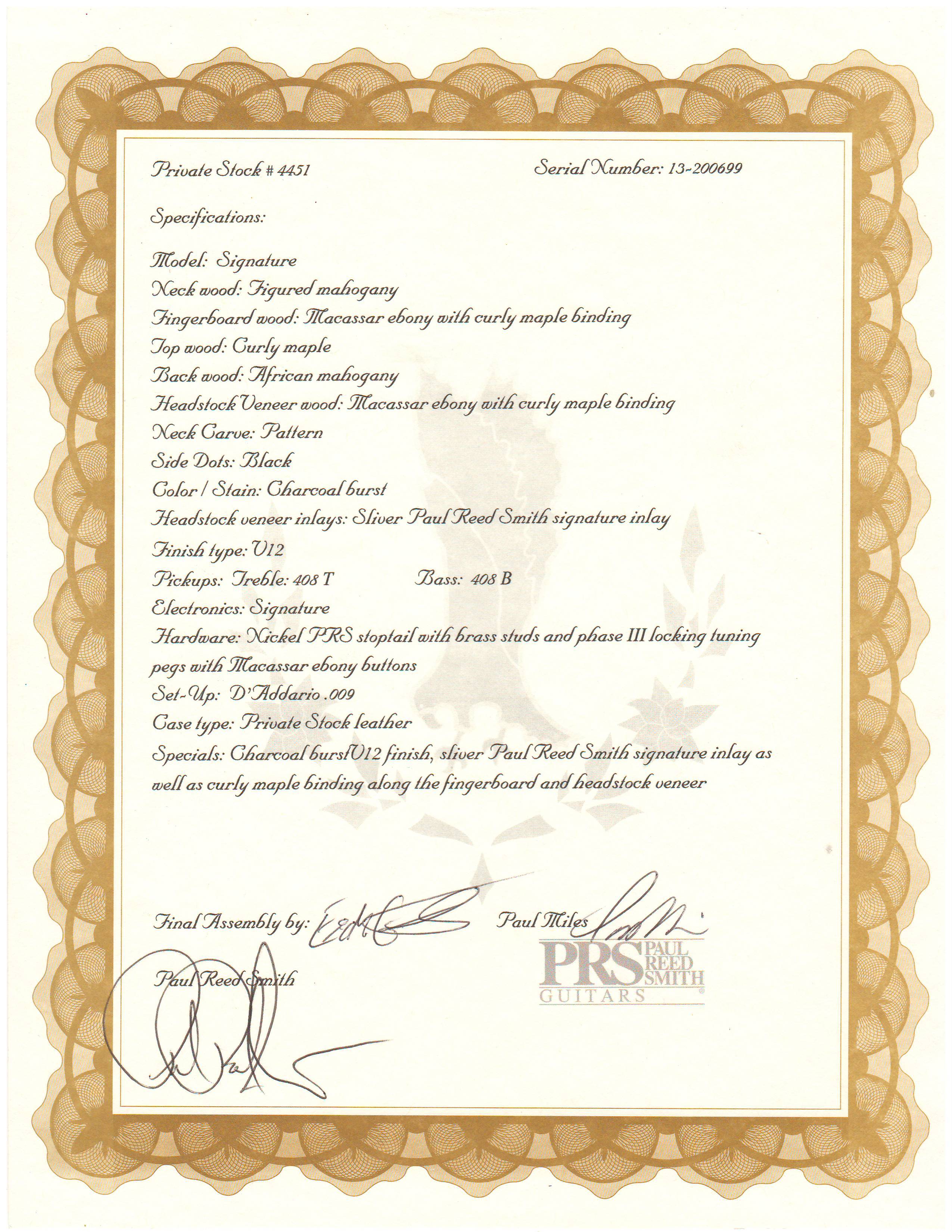 PRS Private Stock Signature PS#4451 certificate of authenticity with specs Charcoal Burst Macassar ebony fingerboard