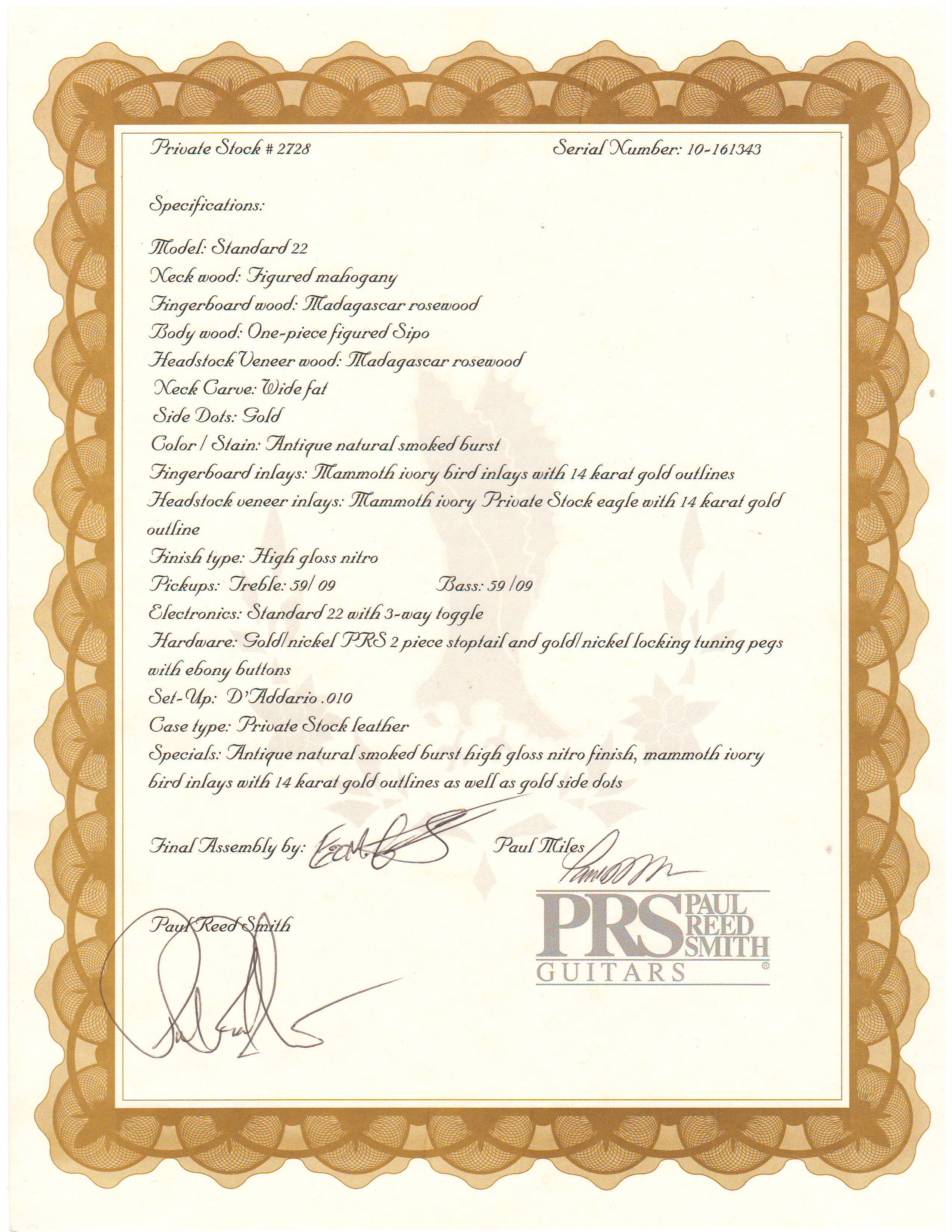 PRS Private Stock Standard 22 electric guitar certificate mammoth ivory bird inlays 14 karat gold outlines