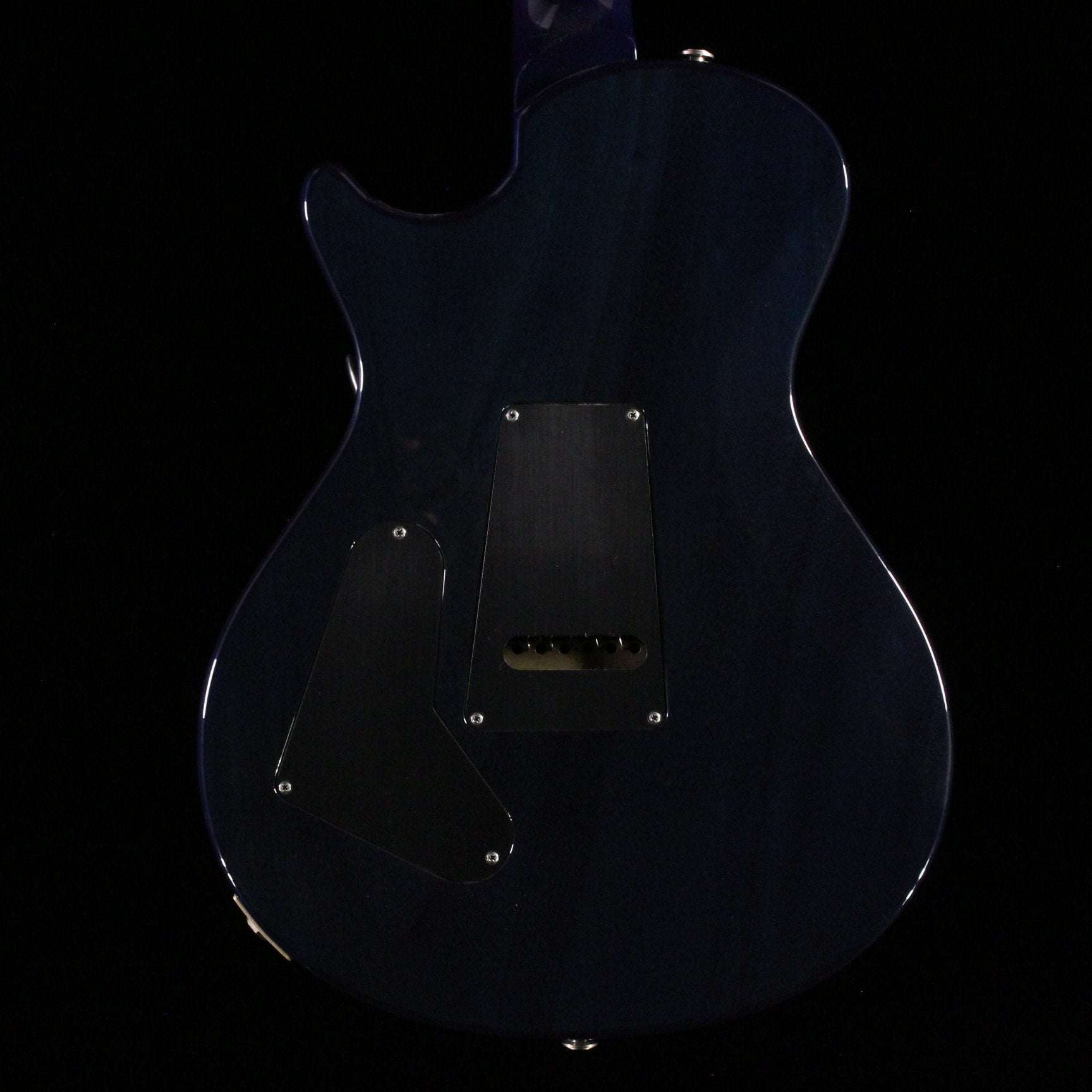 PRS Singlecut Trem electric guitar back view with control cavity covers in deep blue finish