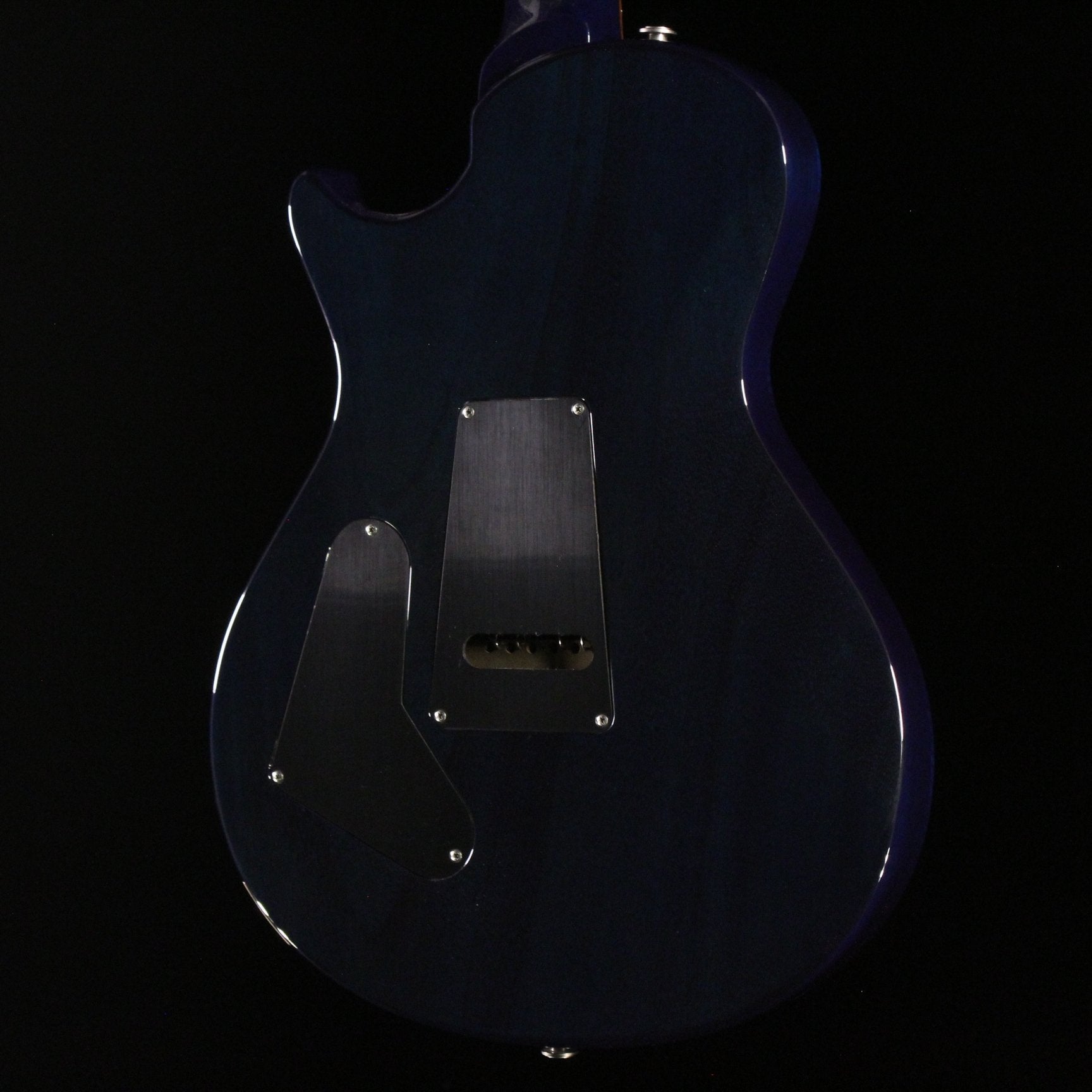 PRS Singlecut Trem electric guitar back view blue finish with brushed metal control cavity covers