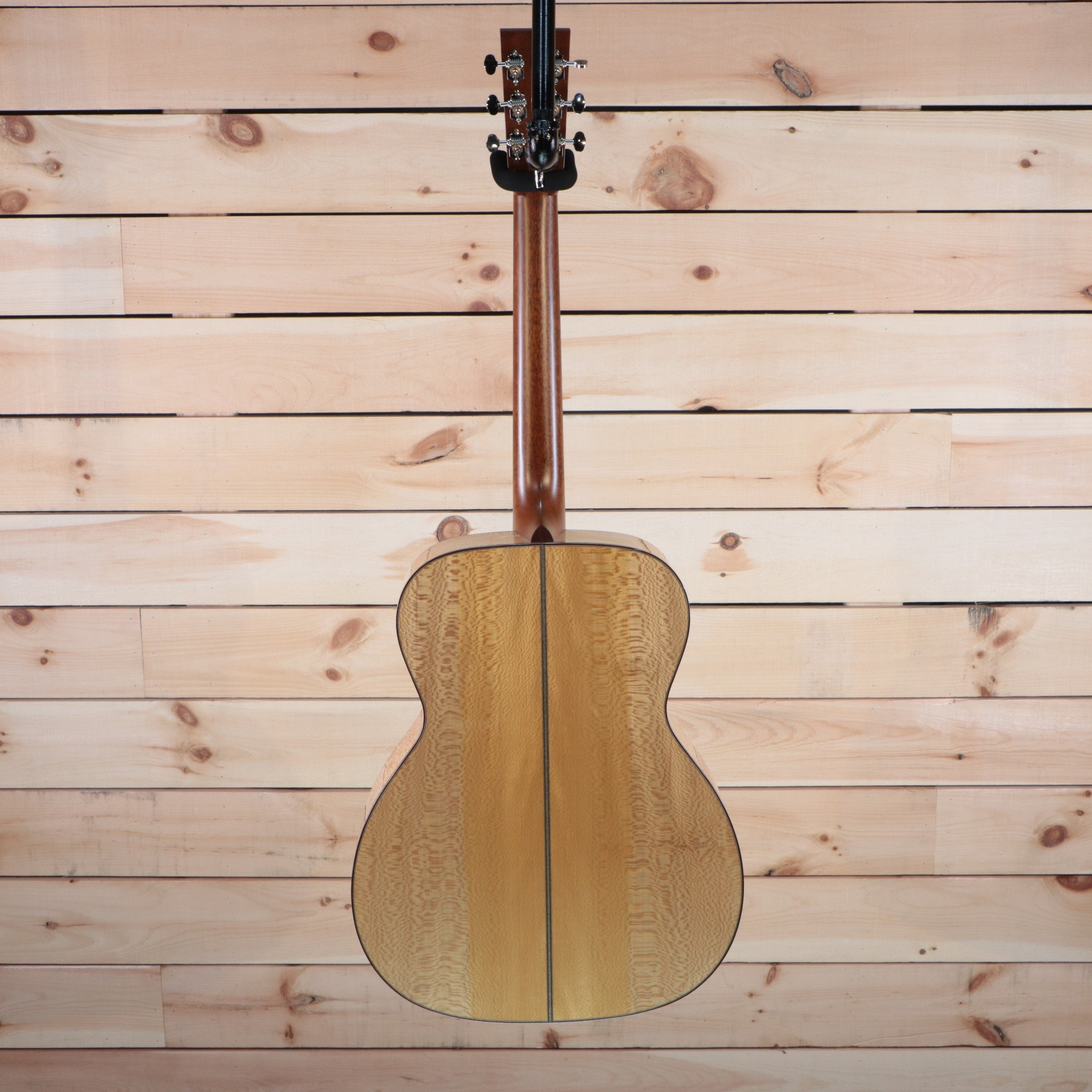 Santa Cruz OM Grand Custom Natural acoustic guitar back view with figured satinwood back and sides
