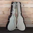 Santa Cruz OM Grand Custom acoustic guitar case open showing cream interior padding and chrome hardware latches