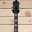 Taylor 818e Grand Orchestra acoustic-electric guitar headstock with ebony fretboard and mother-of-pearl inlays