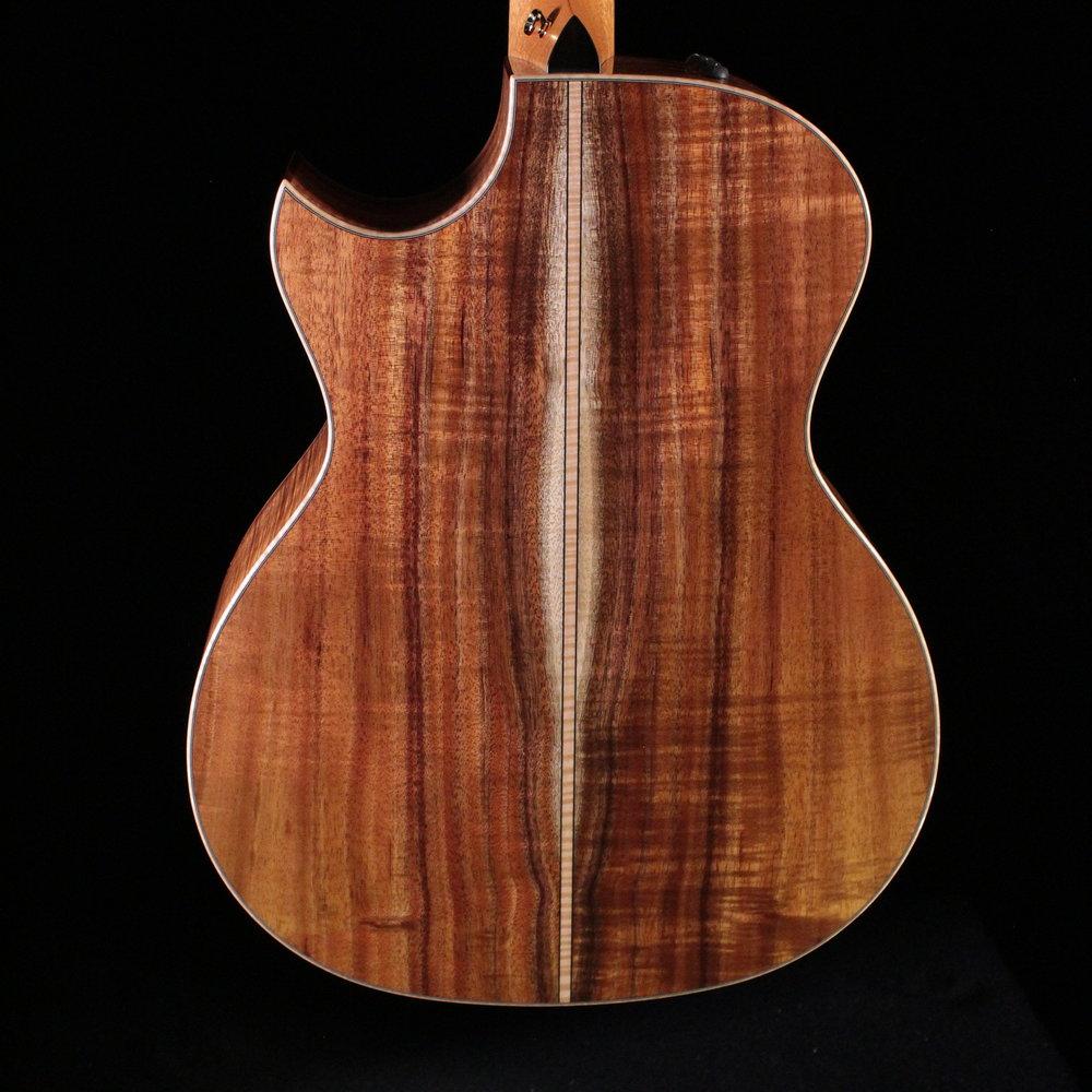 Taylor 2019 Custom GA acoustic-electric guitar Koa back view with stunning figured Koa back and sides cutaway body